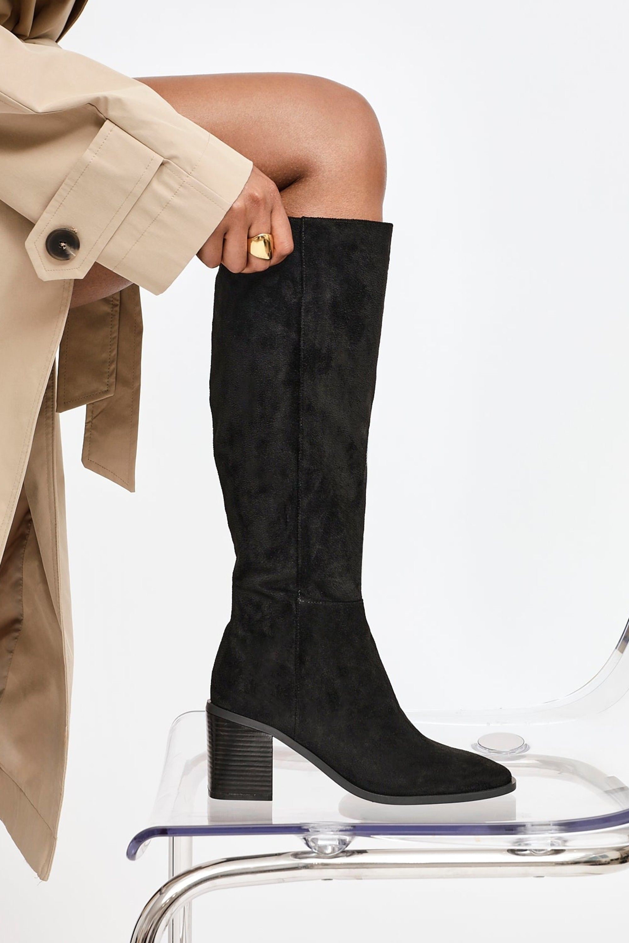 Linzi Levine Black Faux Suede Block Heeled High Leg Boot image 2