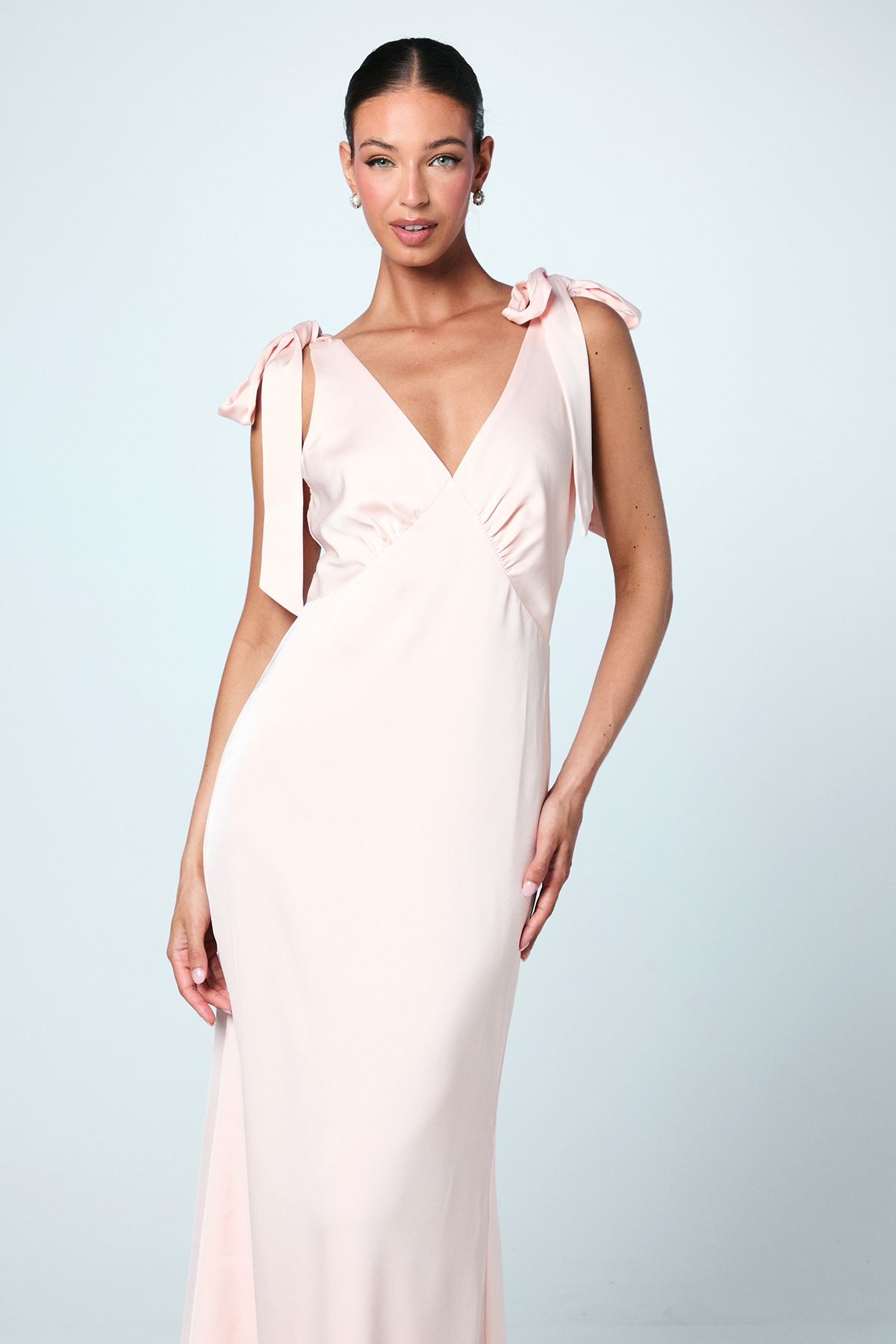 Coast Coast Honoured Satin Back Crepe V Neck Tie Shoulder Maxi Bridesmaid Dress Blush image 2
