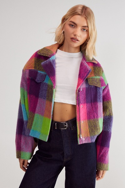 NastyGal Check Wool Blend Trucker Multi