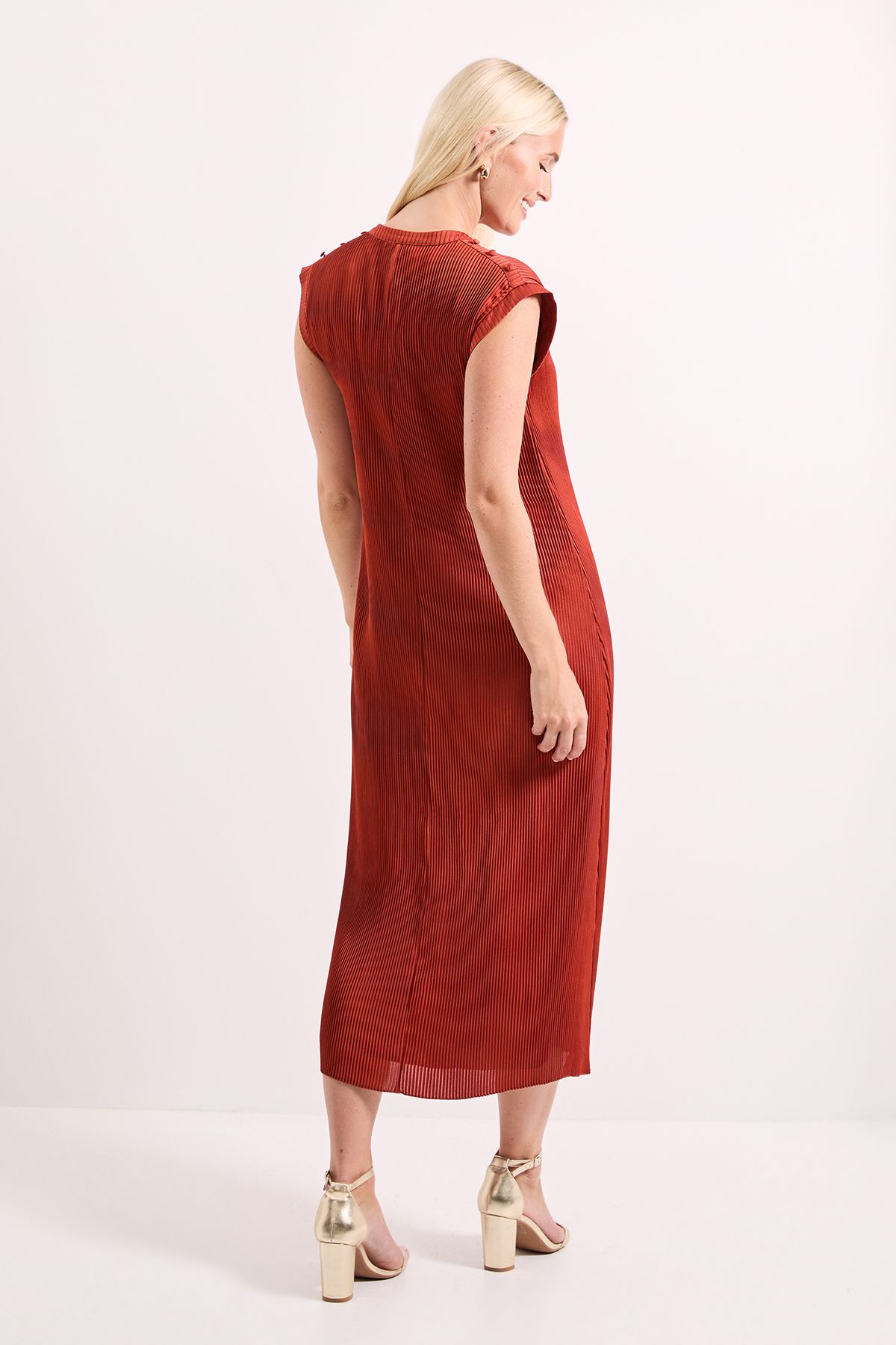 Principles Pleated Satin Column Tie Back Midi Dress Rust image 3