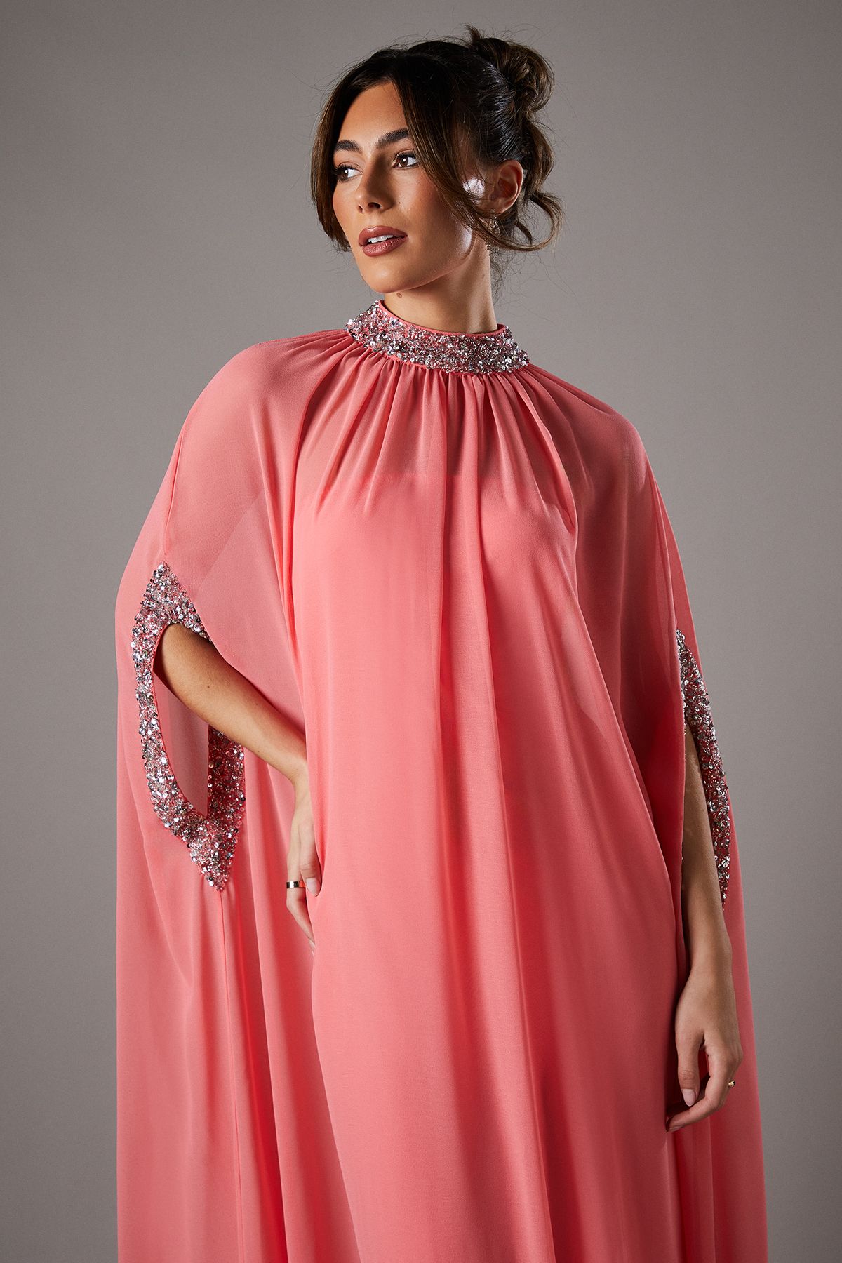 Coast Chiffon Cape Style Sequin Maxi Dress Coral image 2