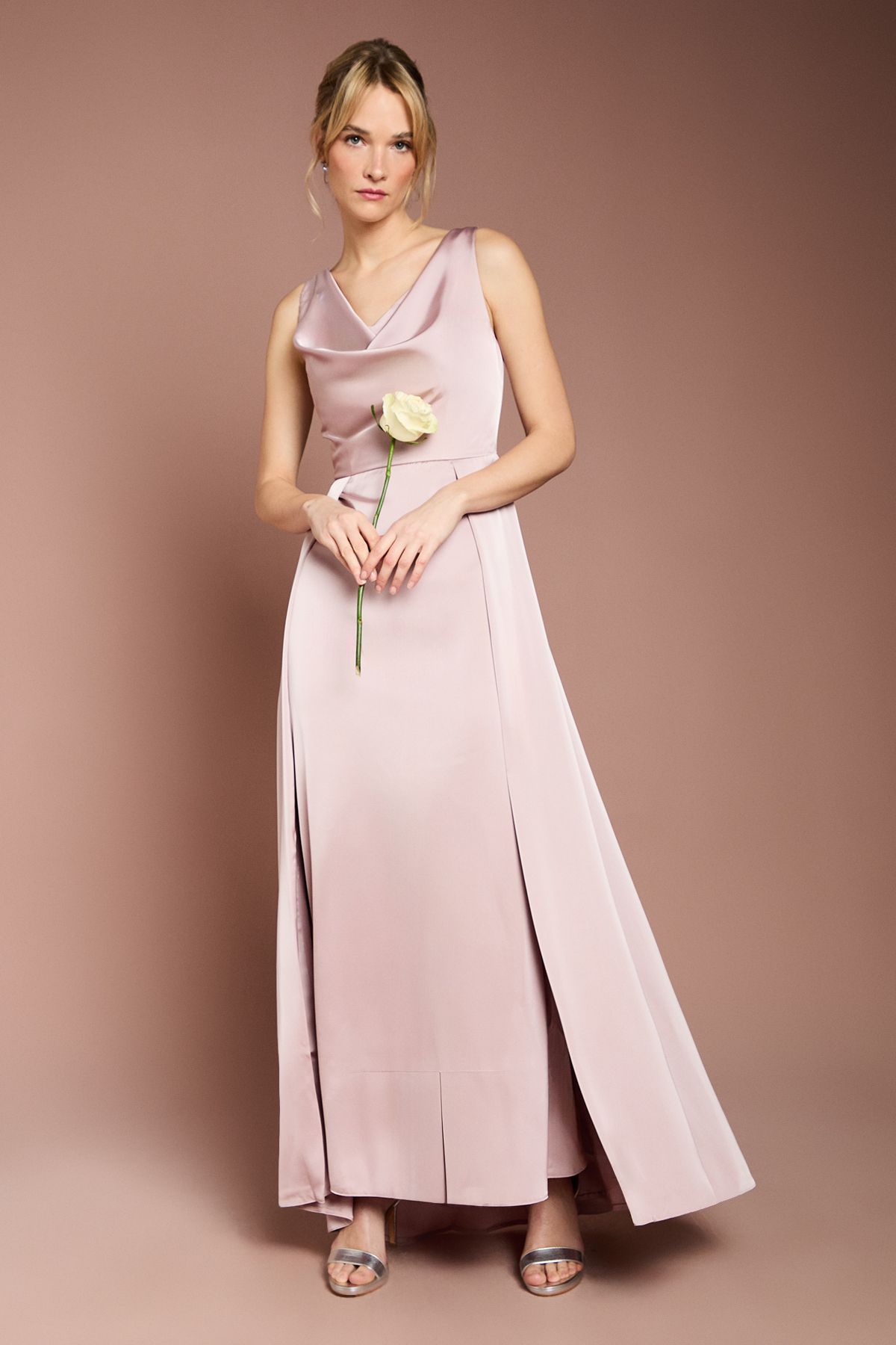 Coast Coast Honoured Petite Sleeveless Cowl Neck Satin Maxi Bridesmaid Dress Dusty Rose image 1