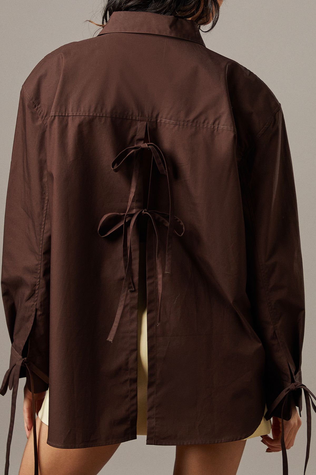 Warehouse Oversized Bow Back Shirt Chocolate image 4