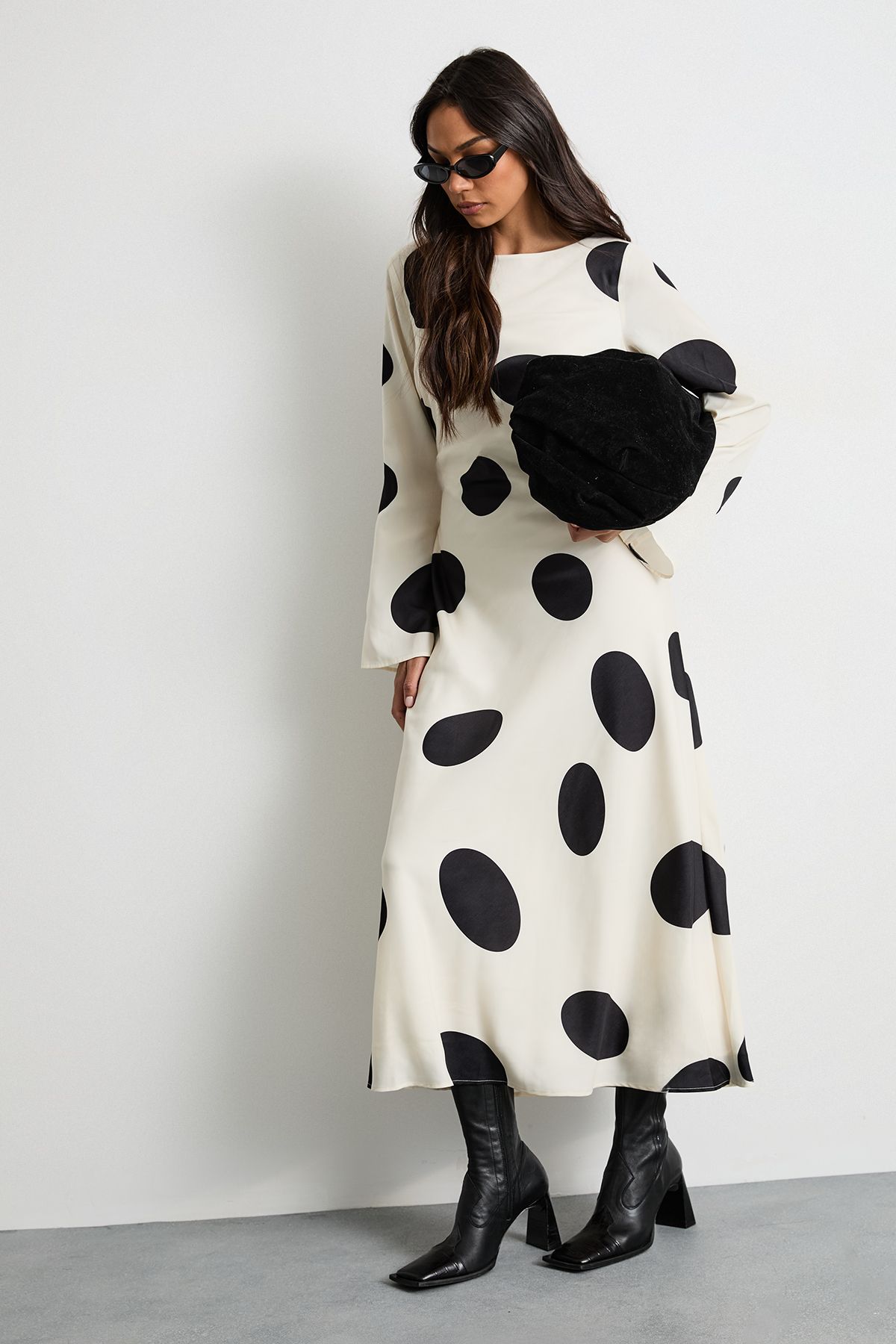 Warehouse Polka Dot Scoop Back Long Sleeve Maxi Dress Ivory image 1