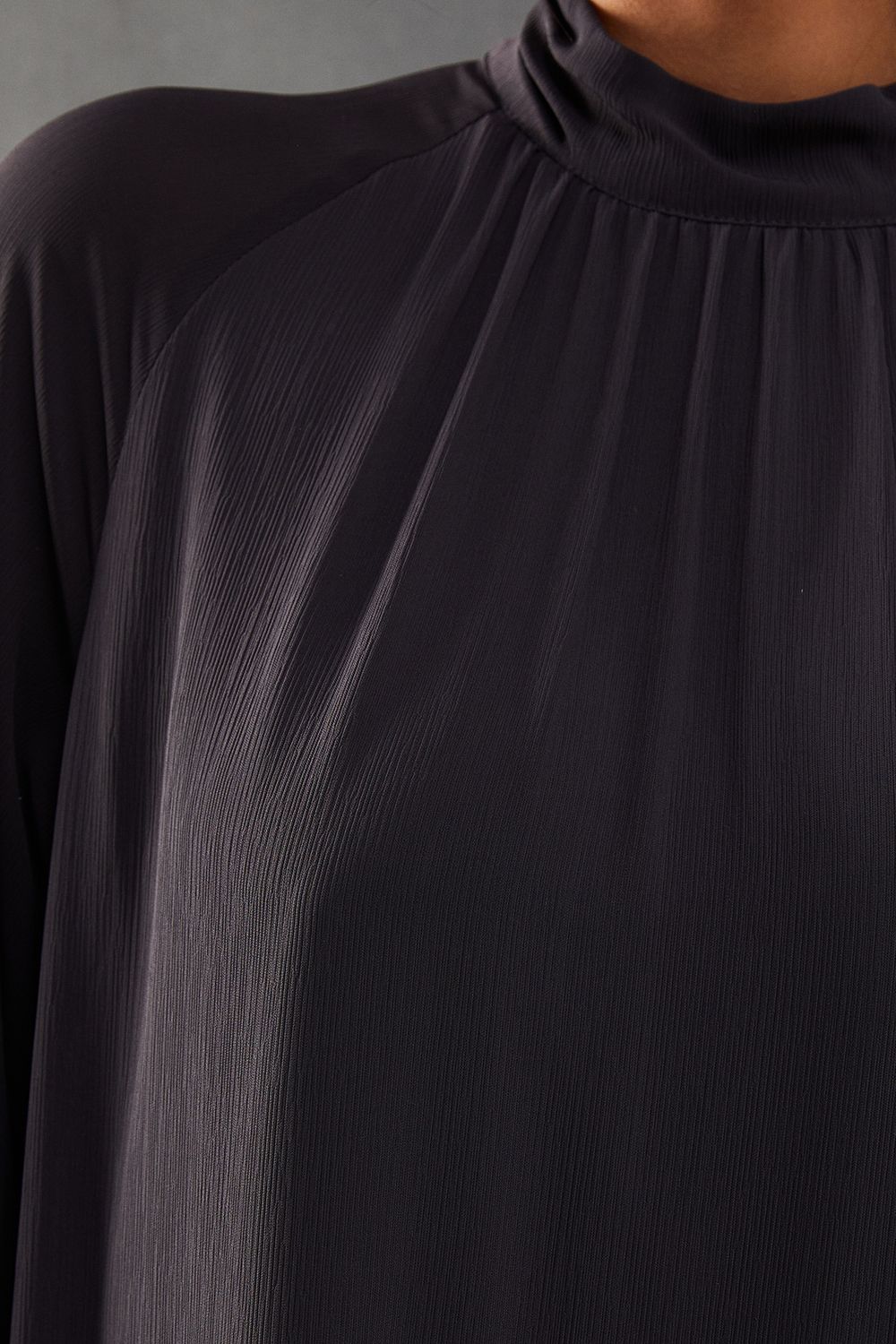 Warehouse Chiffon Drop Hem High Neck Flare Sleeve Mini Swing Dress Grey image 5