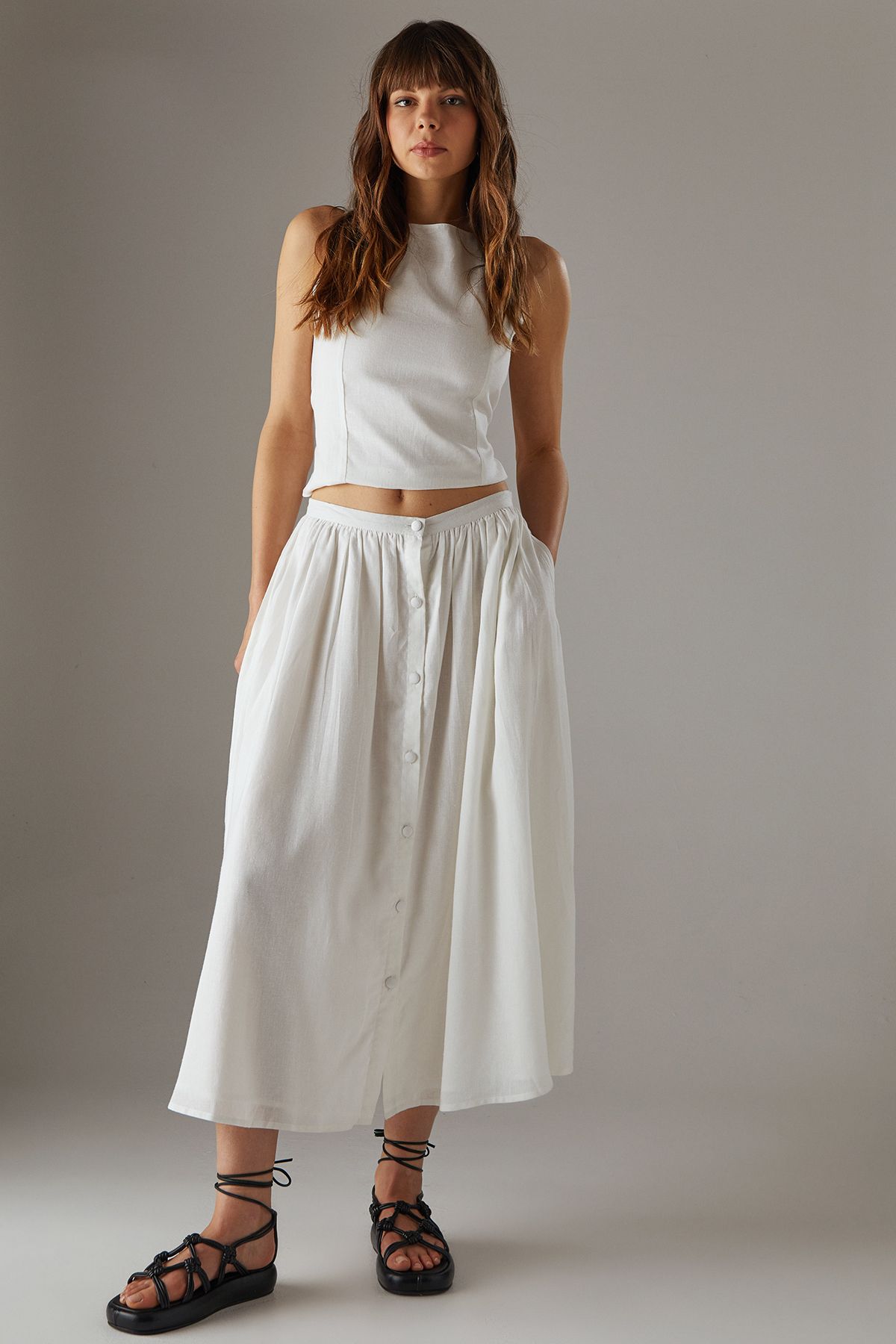 Warehouse Premium Linen Blend Racer Cross Back Crop Top White image 2