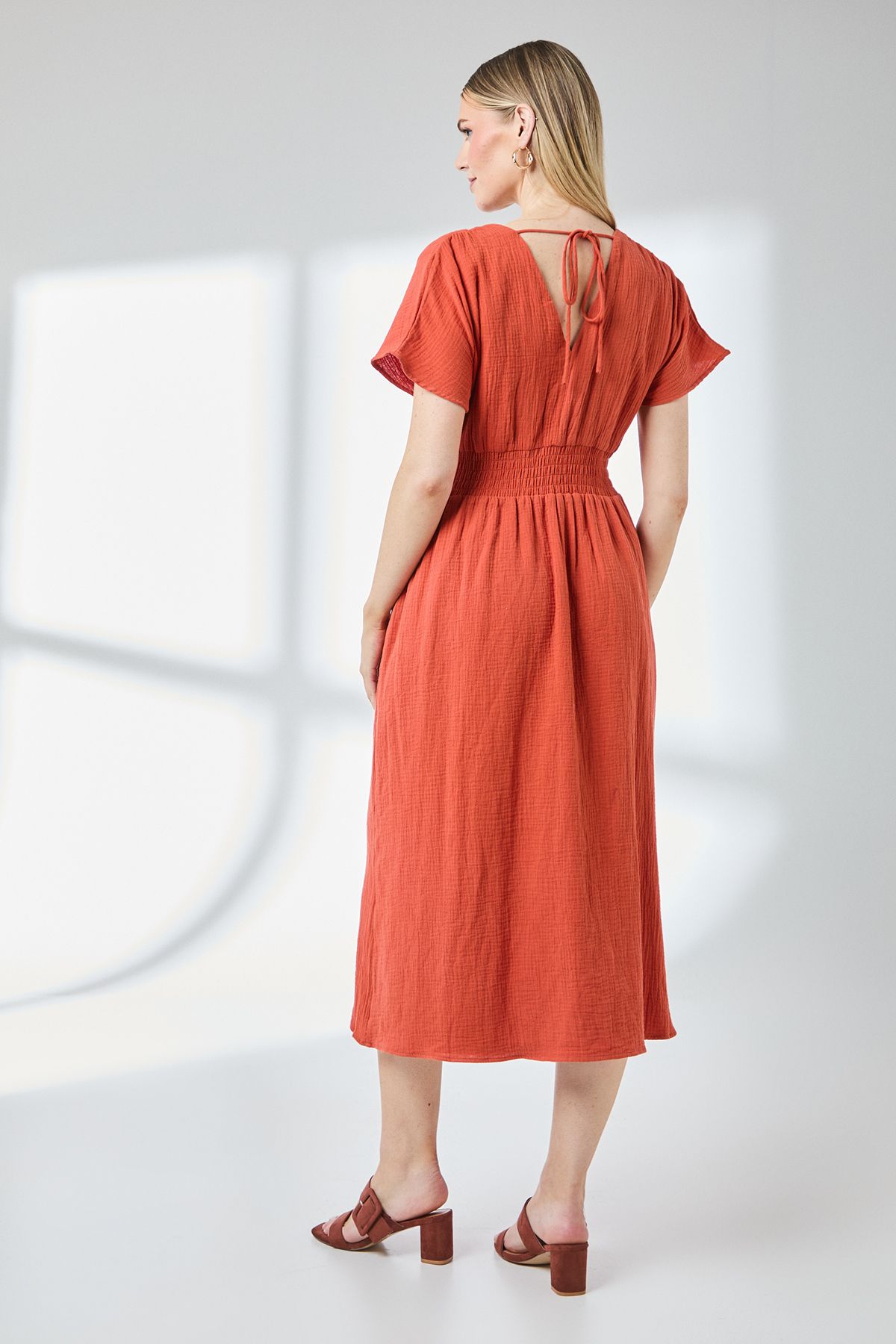 Principles Gauze Shirred Waist Detail Midi Dress Rust image 3