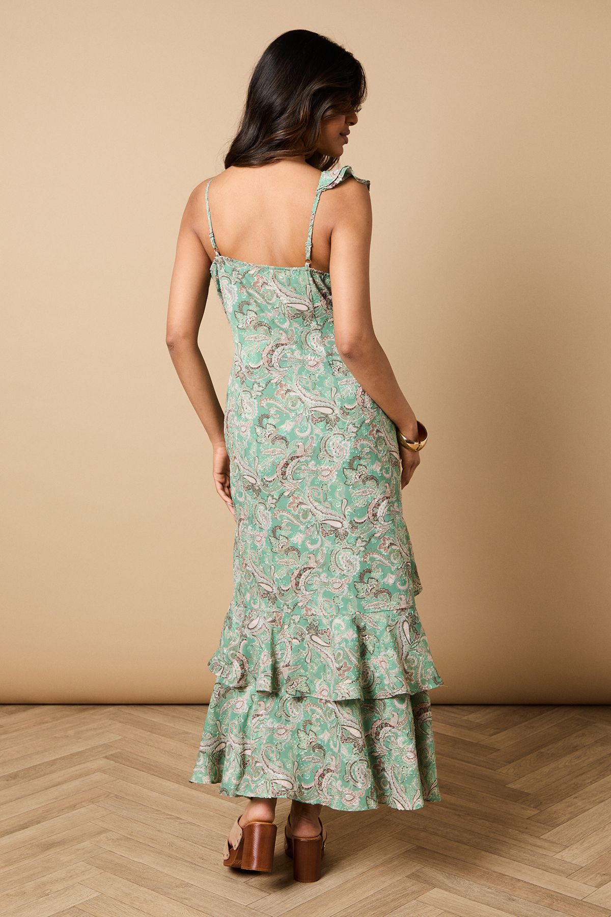 Oasis Petite Ruffle Detail Asymmetric Tiered Midi Dress Green image 3