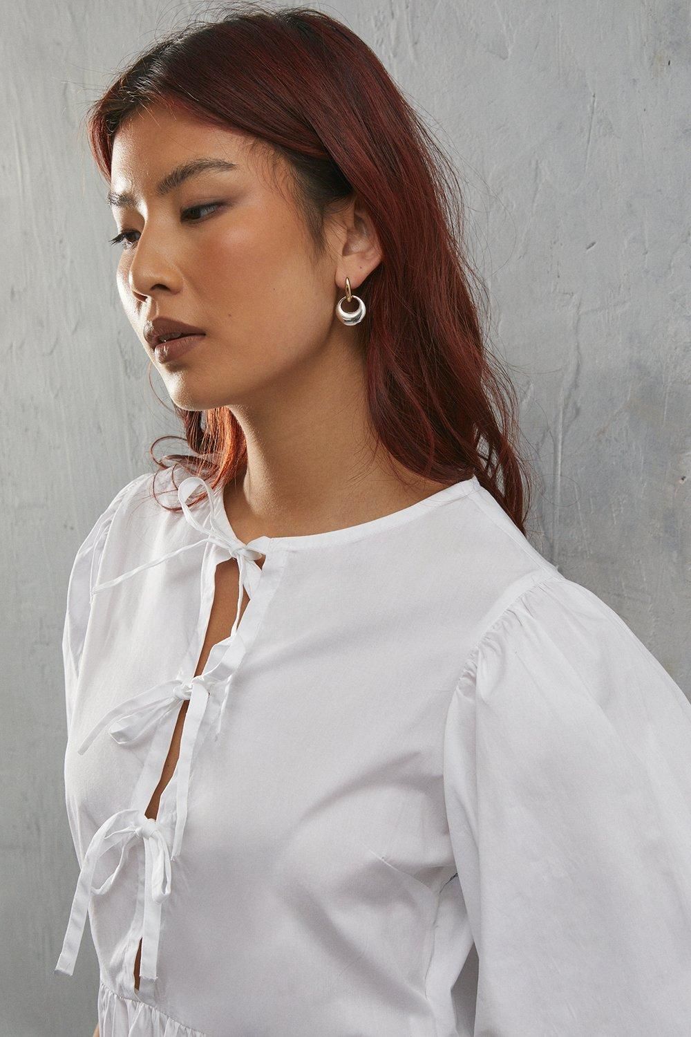 Warehouse Poplin Tie Front Volume Sleeve Blouse White image 4