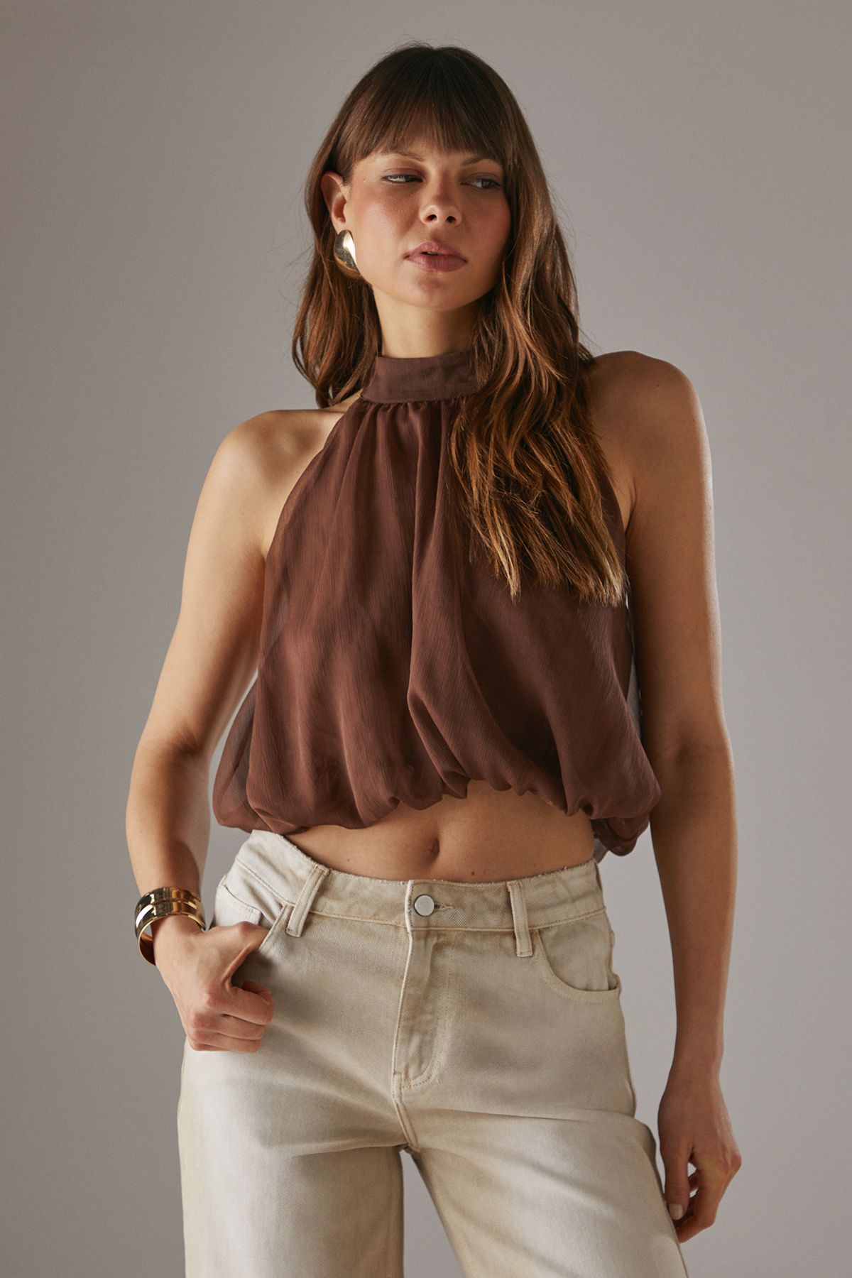 Warehouse Chiffon Halter Bubble Crop Top Chocolate image 4
