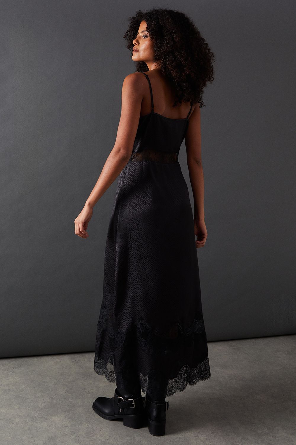 Warehouse Satin Lace Insert Strappy Camisole Midi Slip Dress Black image 3