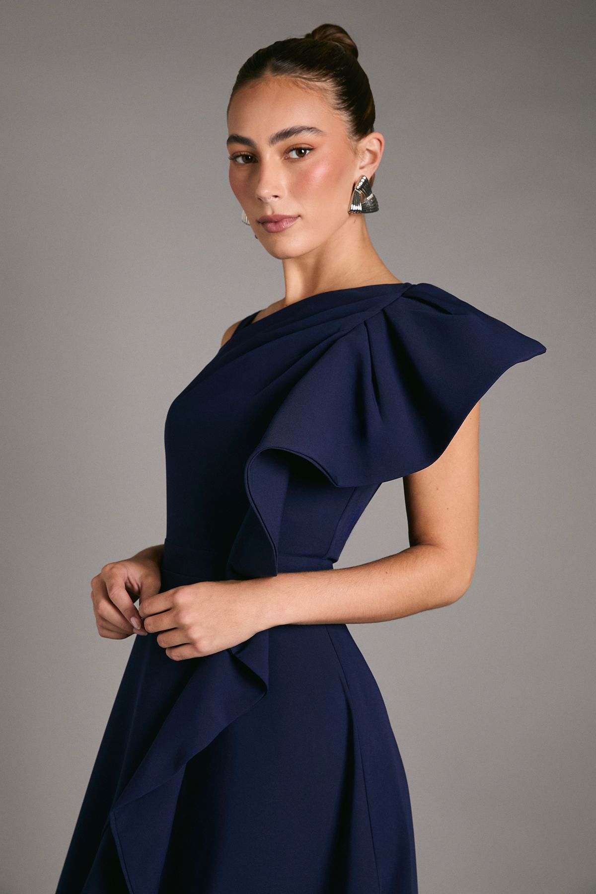 Coast One Shoulder Crepe Ruffle Midi Dress Navy image 4