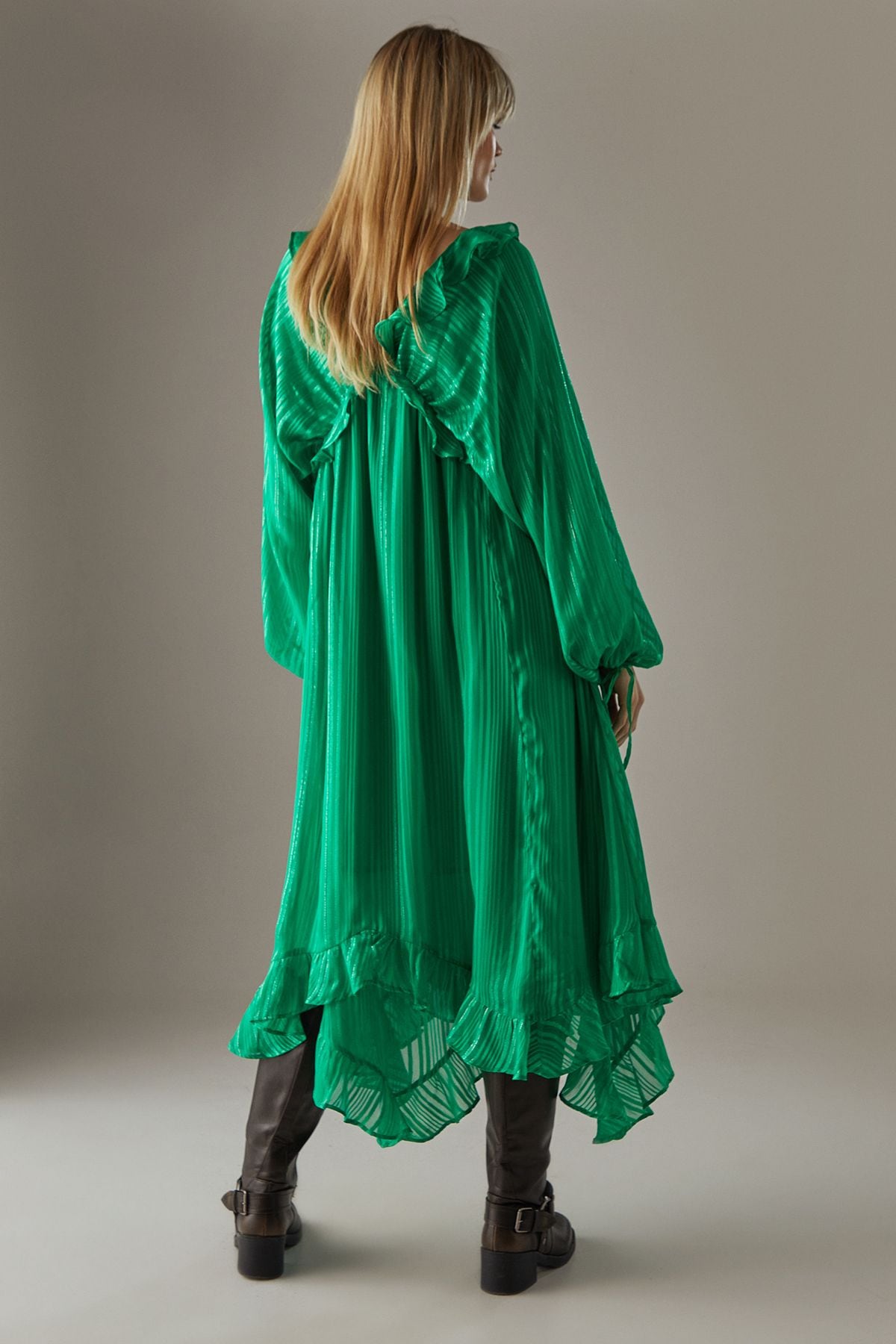 Warehouse Shadow Stripe Volume Sleeve Hanky Hem Midaxi Dress Green image 3