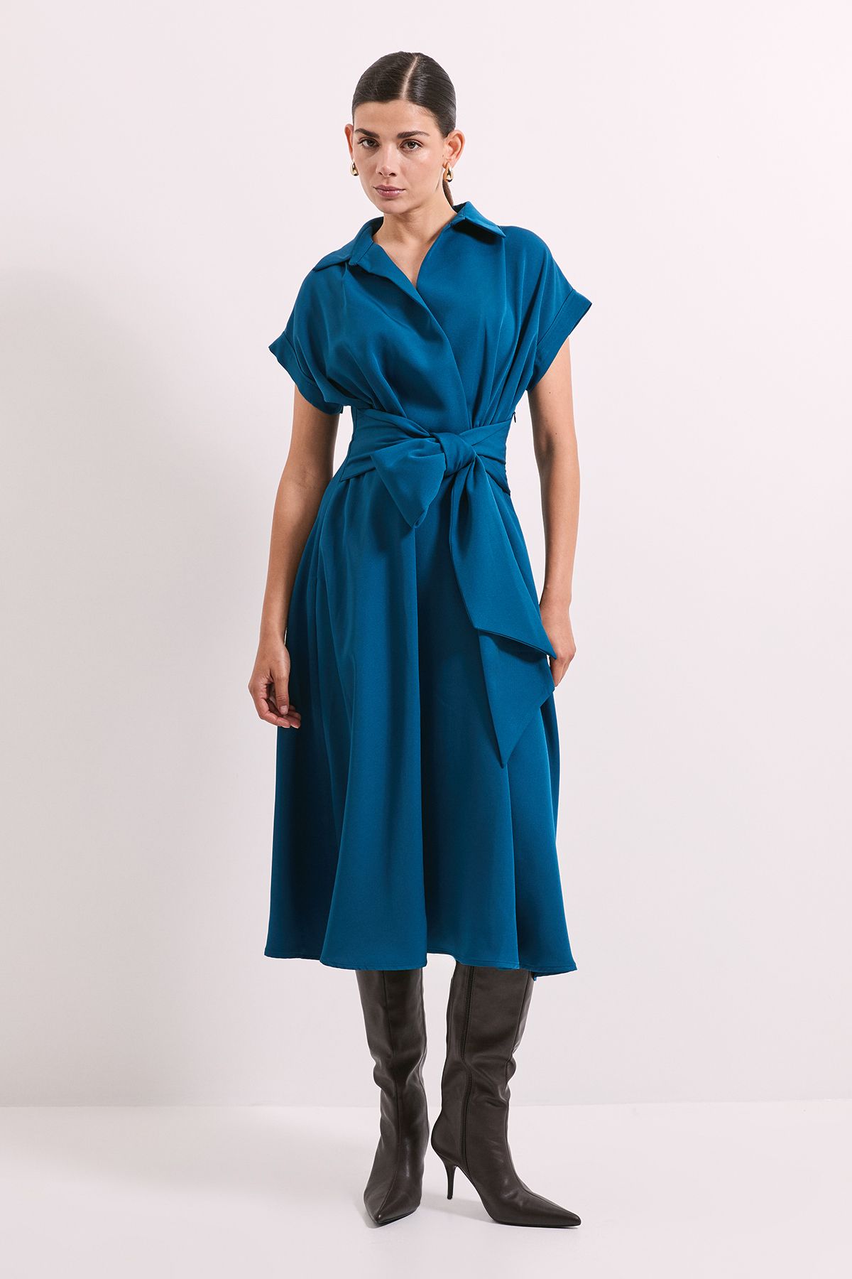 Principles Teal Front Tie Shirt Midi Dress Teal image 1