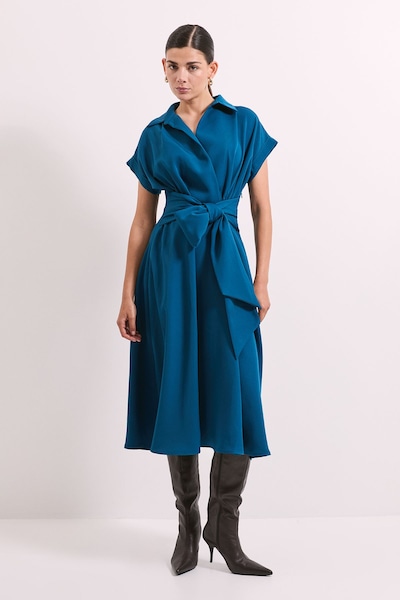 Principles Teal Front Tie Shirt Midi Dress Teal