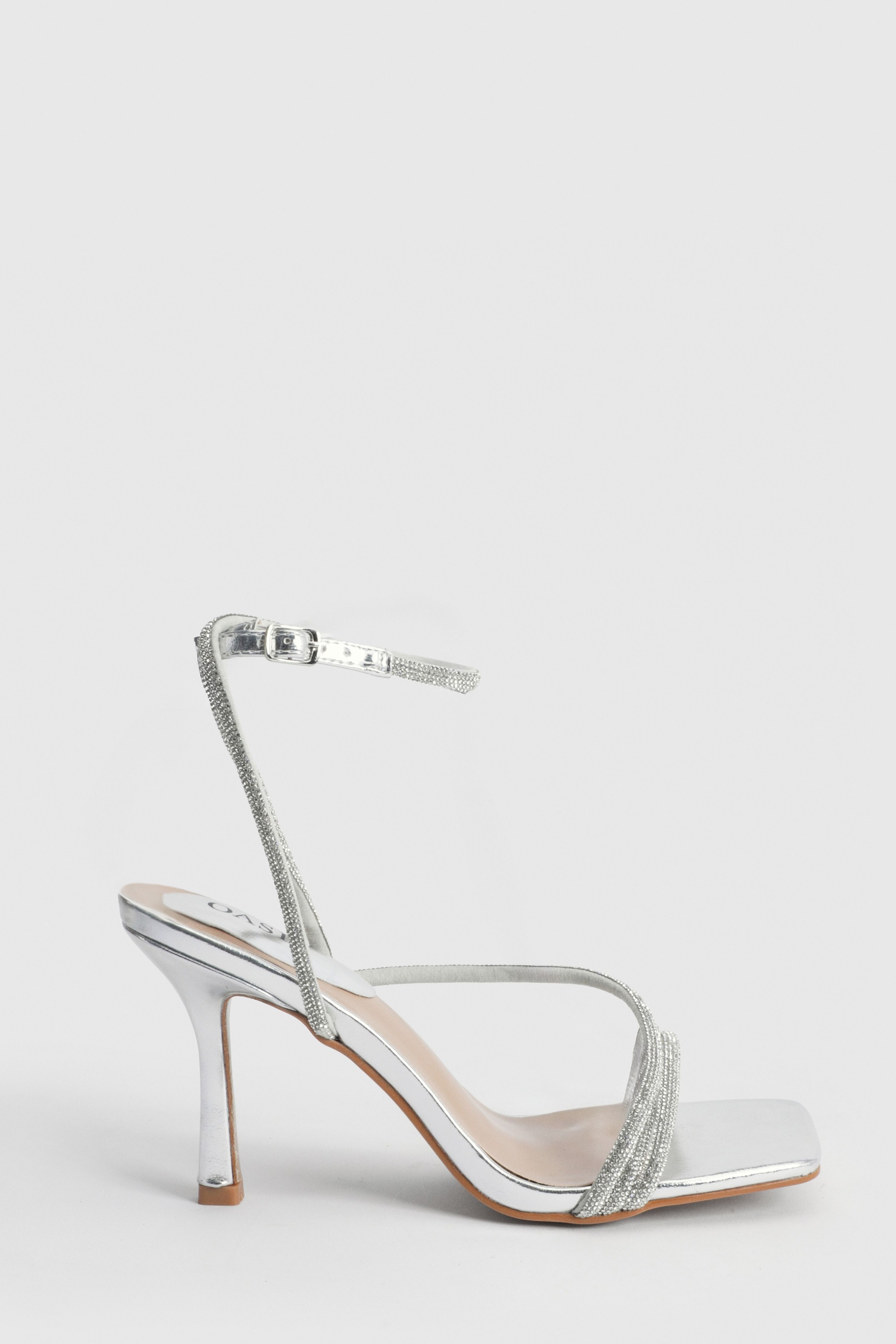 Oasis Maggie Faux Leather Asymmetric Strap Embellished Heeled Sandals Silver