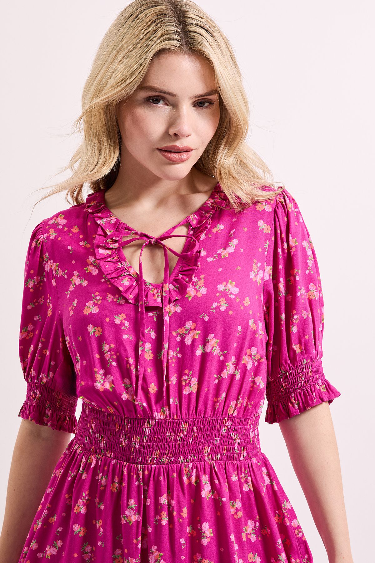 Dorothy Perkins Pink Floral Shirred Waist Tie Neck Mini Dress Pink image 3