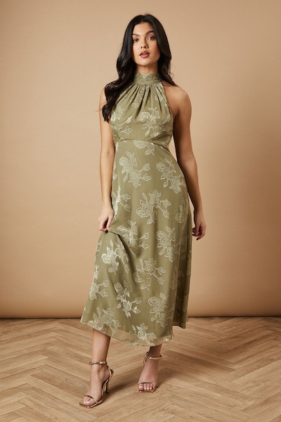 Oasis Plain Satin Burnout Halterneck Midi Dress Olive