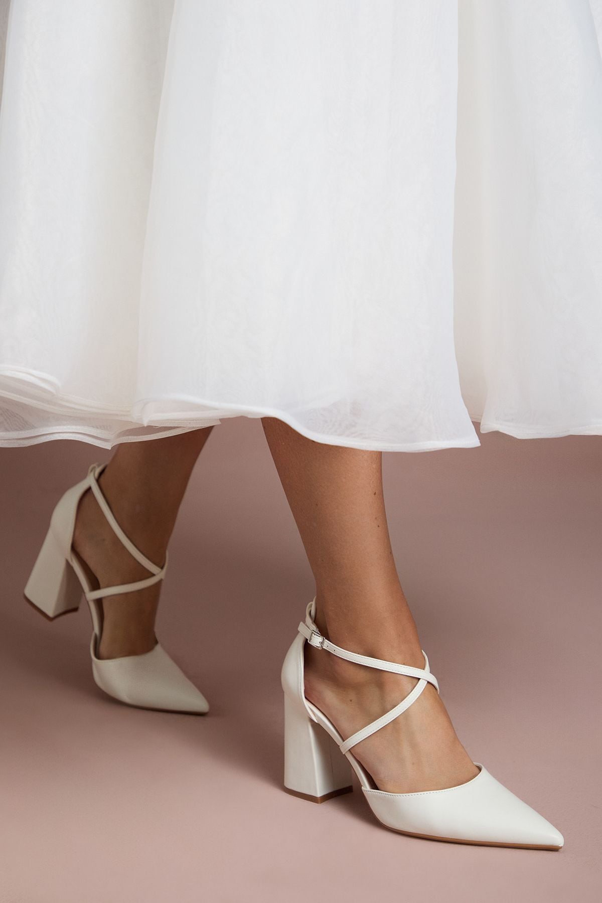 Coast Treat Faux Leather  Cross Strap Pointed Block Heel Court Shoes White image 3