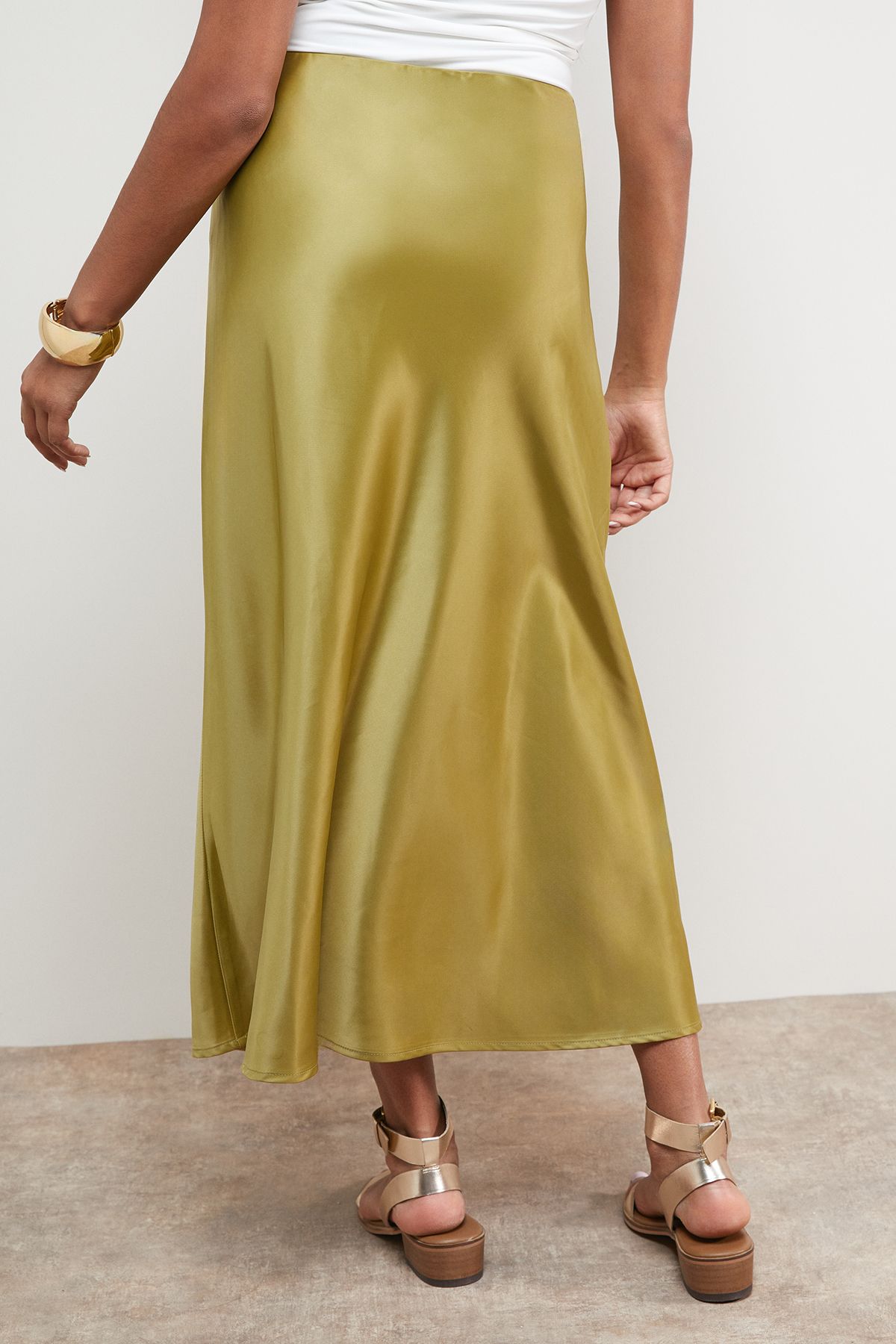 Oasis Bias Cut Satin Midi Skirt Olive image 3
