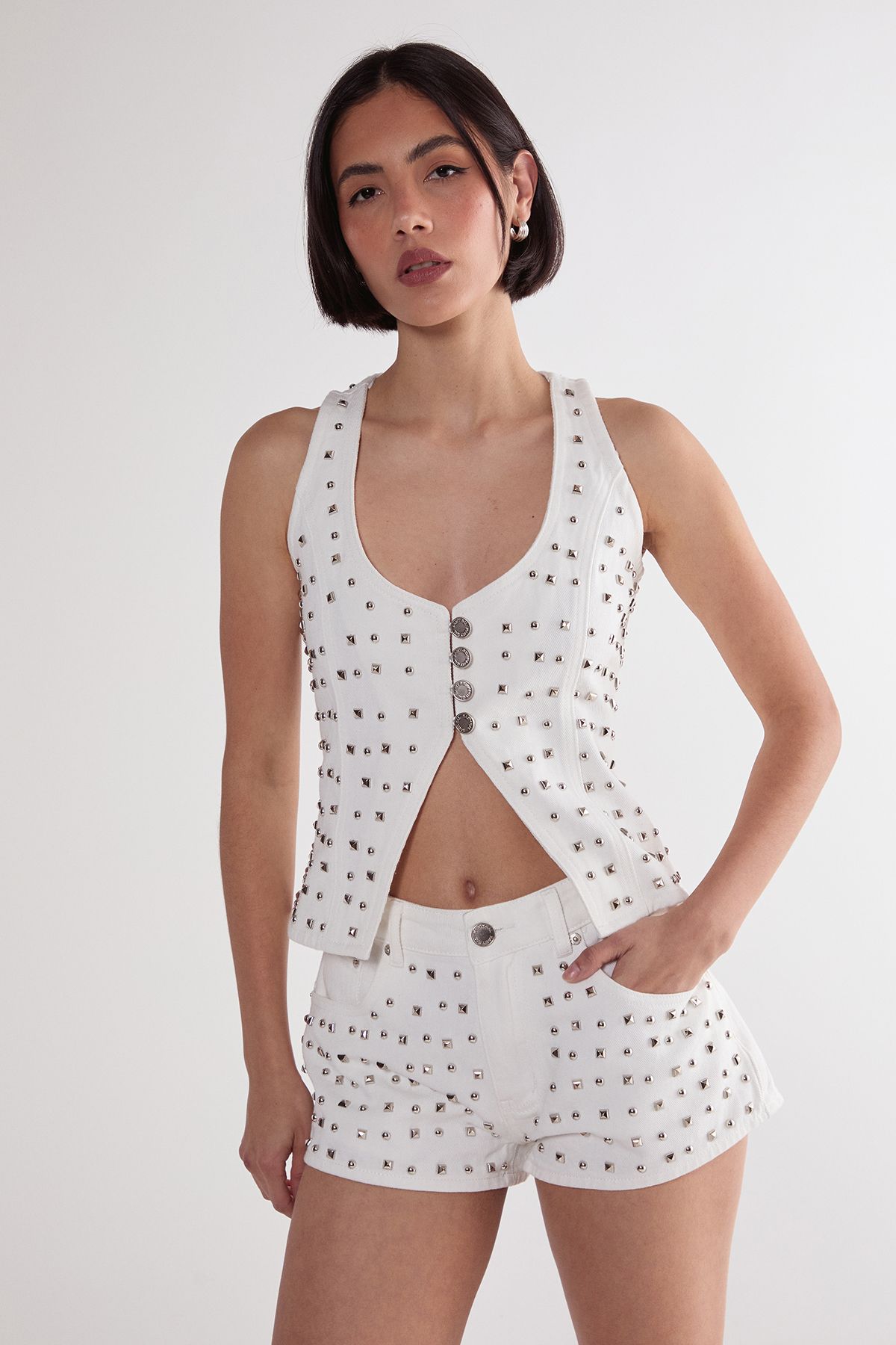 NastyGal Studded Denim Corset Top White image 3