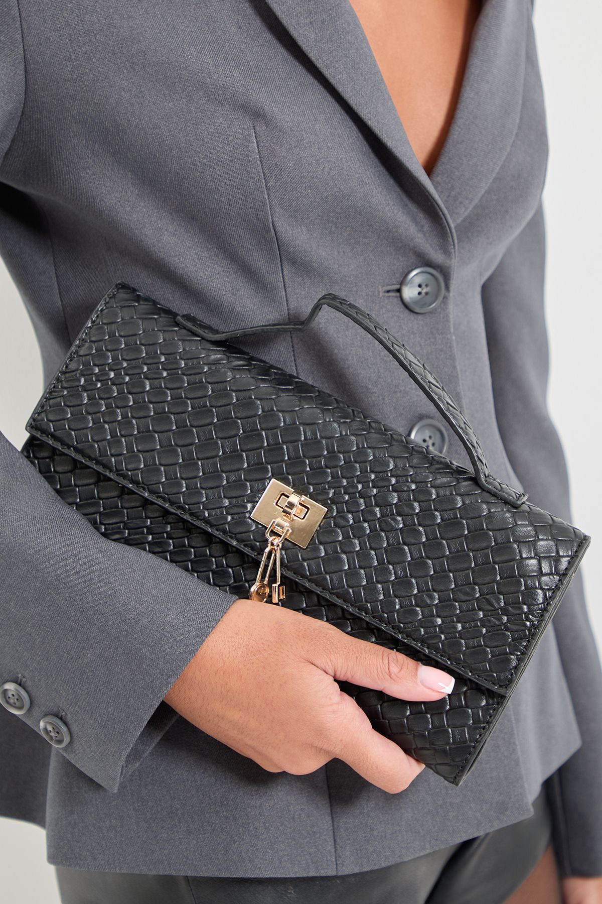 MissPap Faux Leather Woven Grab Bag Black image 2