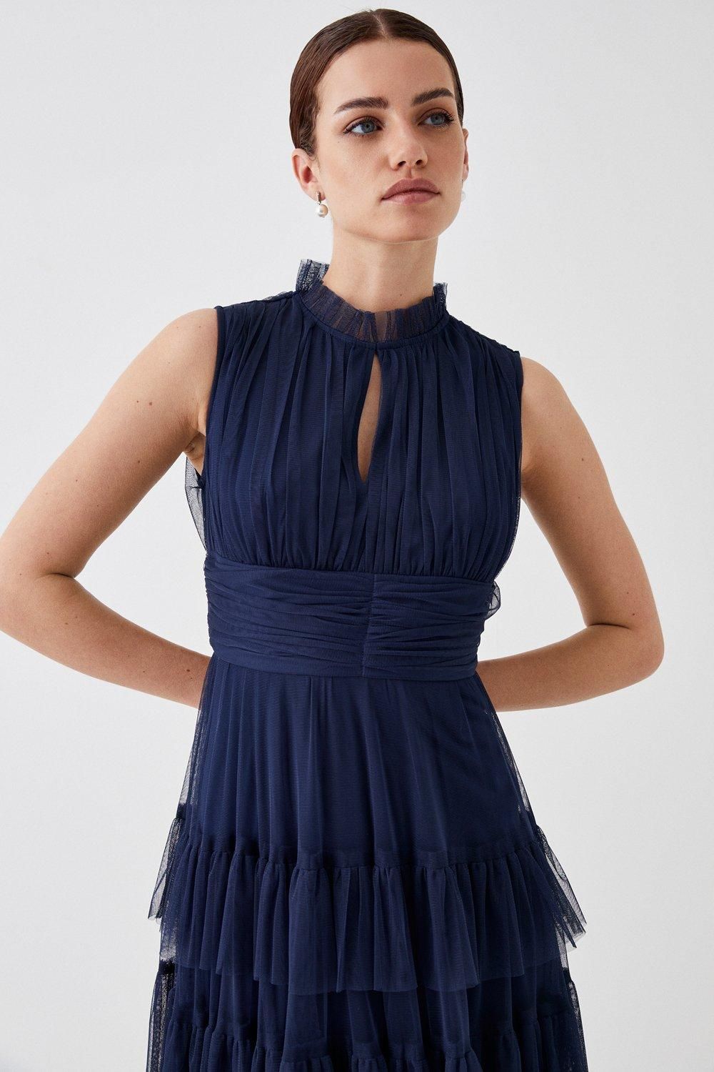 Coast Petite Tulle Tiered Frill Sleeve Bridesmaids Maxi Dress Navy image 3