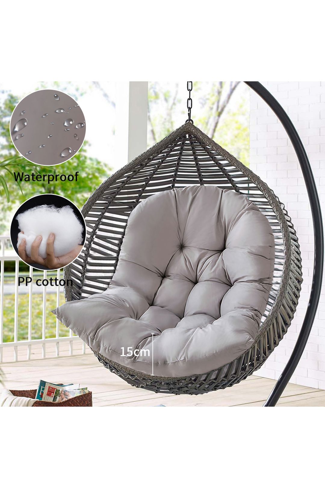 Living and Home 80x108cm Light Grey Rattan Swing Chair Cushion Seat Pad for Hanging Baskets image 4