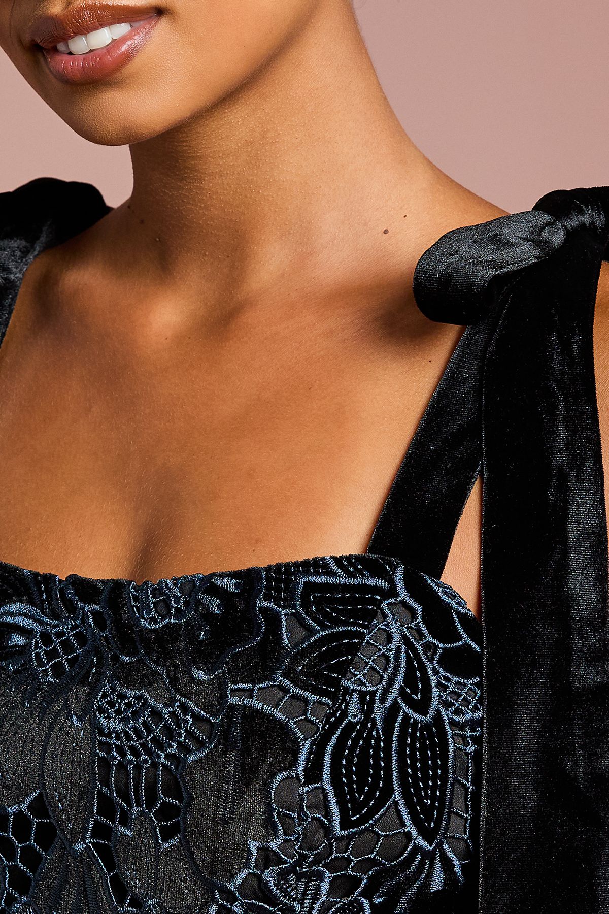 Coast Petite Cut Out Velvet Lace Tie Shoulder Column Midi Dress Black image 5