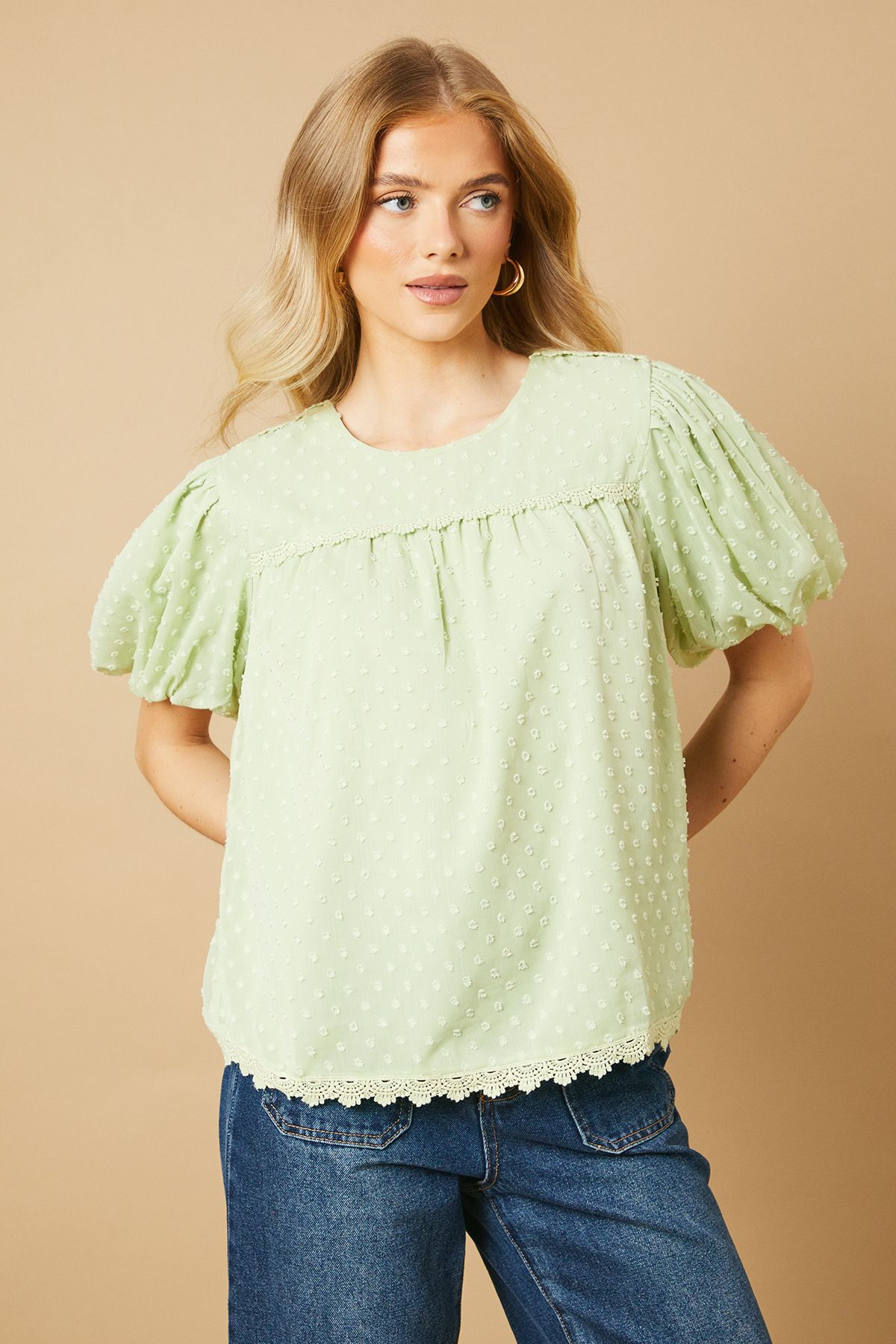 Oasis Lace Trim Puff Sleeve Blouse Green image 1