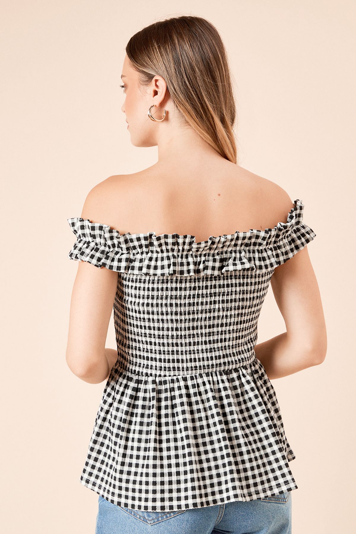 Dorothy Perkins Gingham Shirred Bodice Bardot Peplum Top Gingham image 4