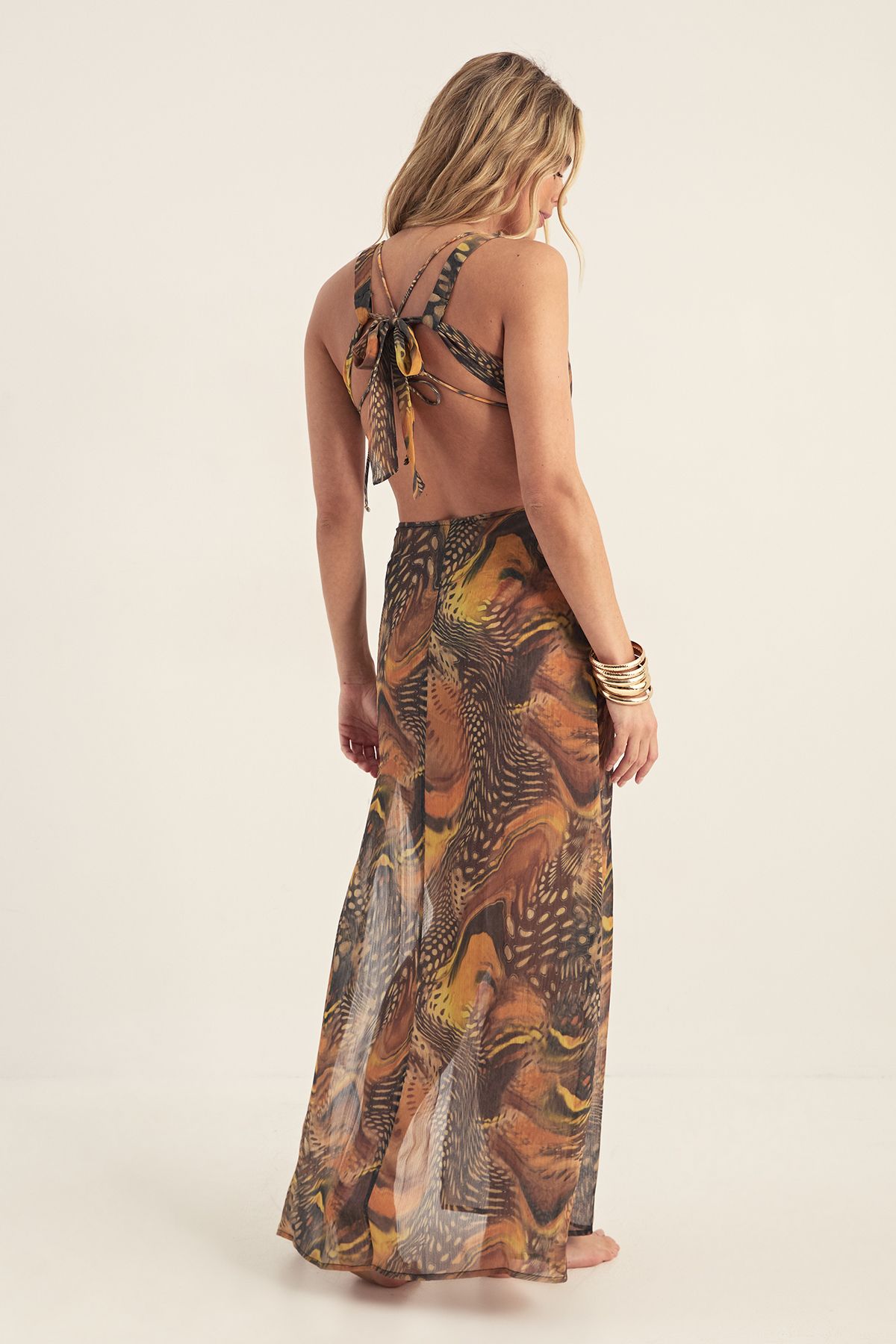 NastyGal Mixed Animal Chiffon Knot Detail Cut Out Maxi Beach Dress Orange image 4