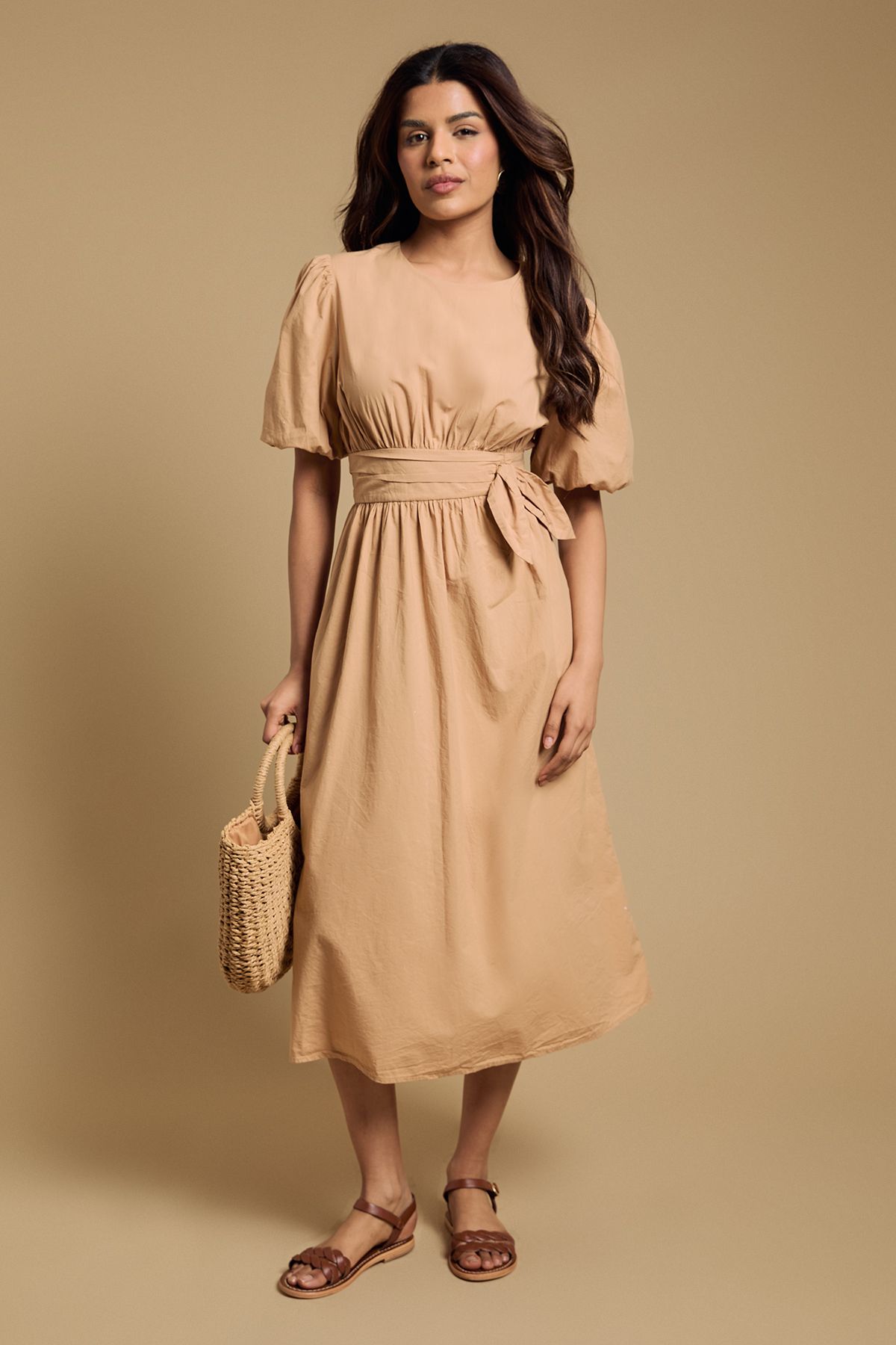 Dorothy Perkins Petite Bow Waist Detail Puff Sleeve Midi Dress Tan