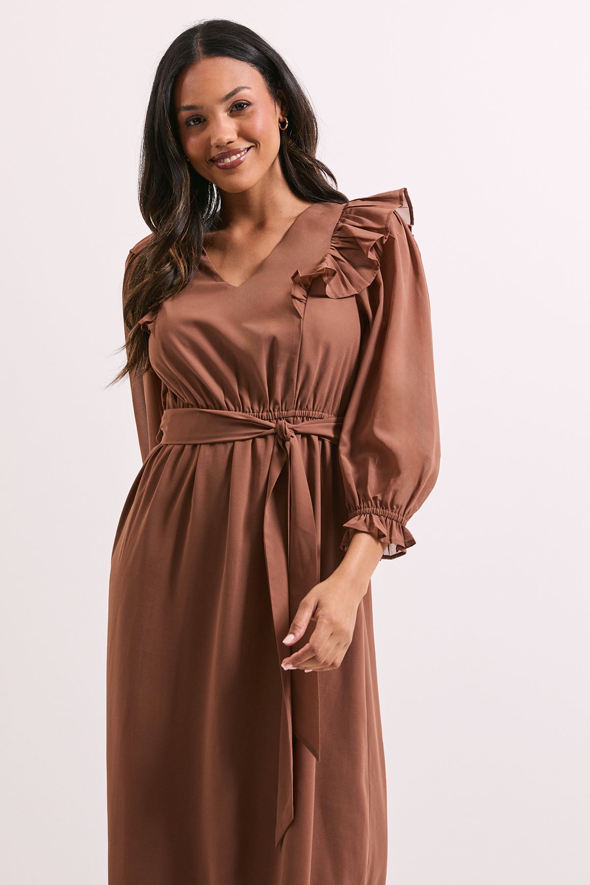 Dorothy Perkins Blouson Sleeve Frill Midi Dress Mocha image 4