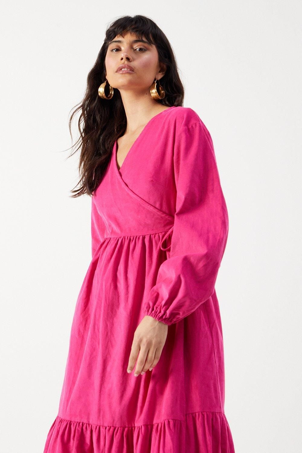 Warehouse Baby Cord Wrap Midi Smock Dress Hot Pink image 2