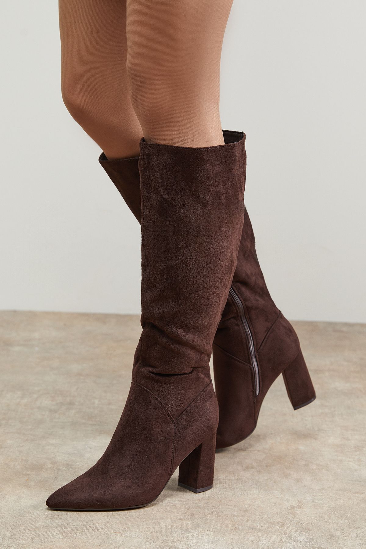 Oasis Jemima Faux Suede High Block Heel Pointed Knee Boots Chocolate image 2