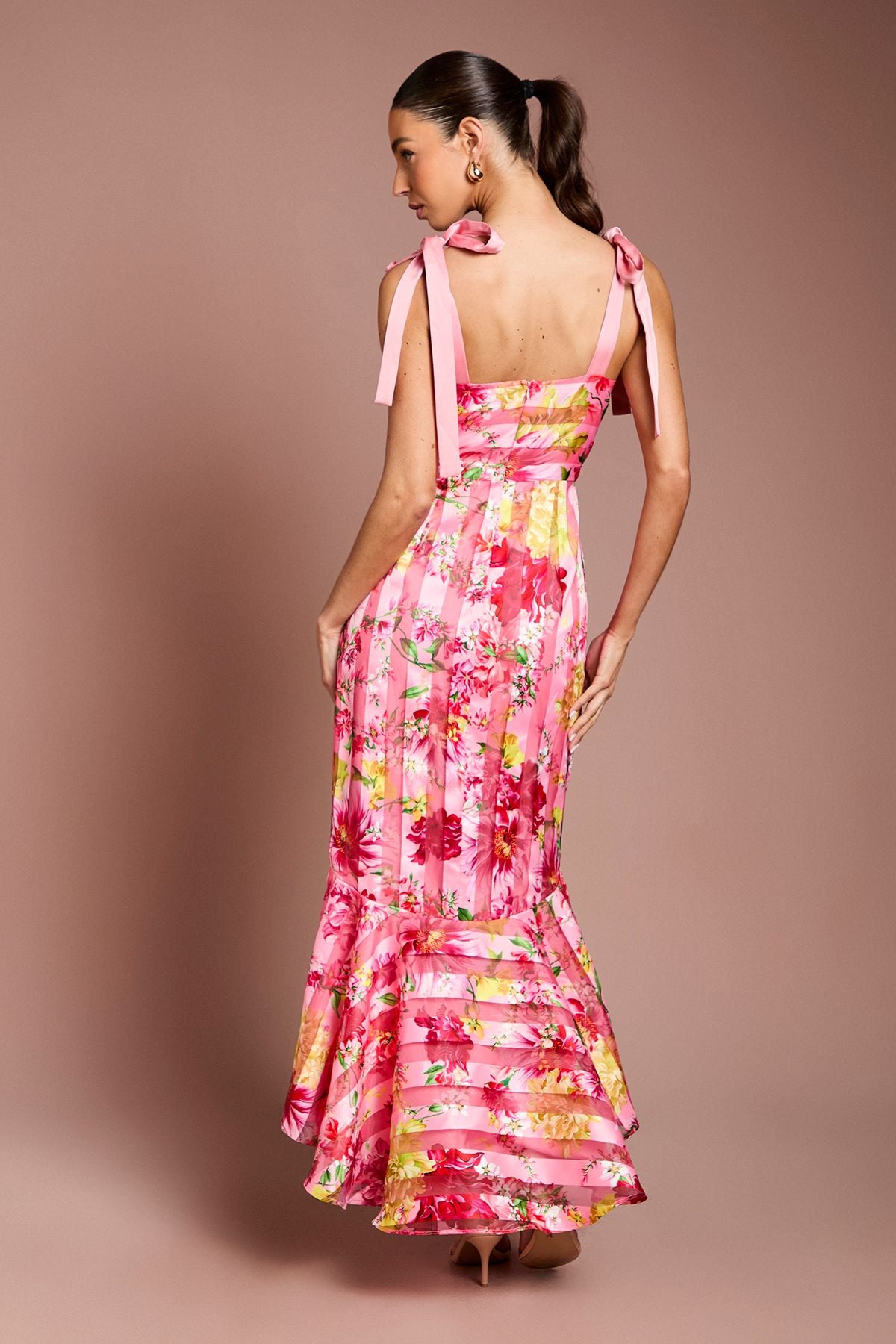 Coast Printed Organza Burnout Bow Shoulder Midi Dress Pink image 3