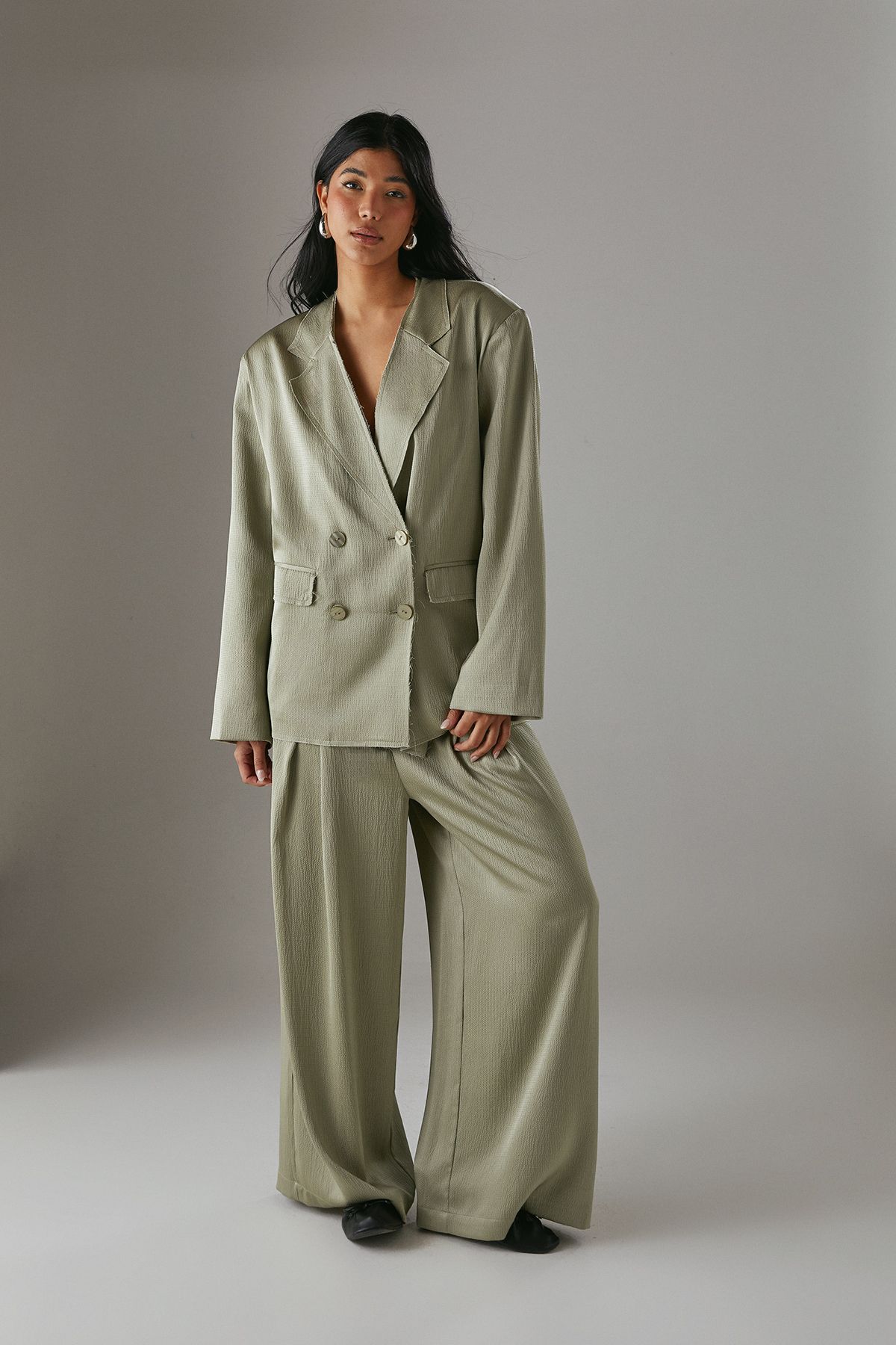 Warehouse Raw Edge Relaxed Satin Blazer Khaki