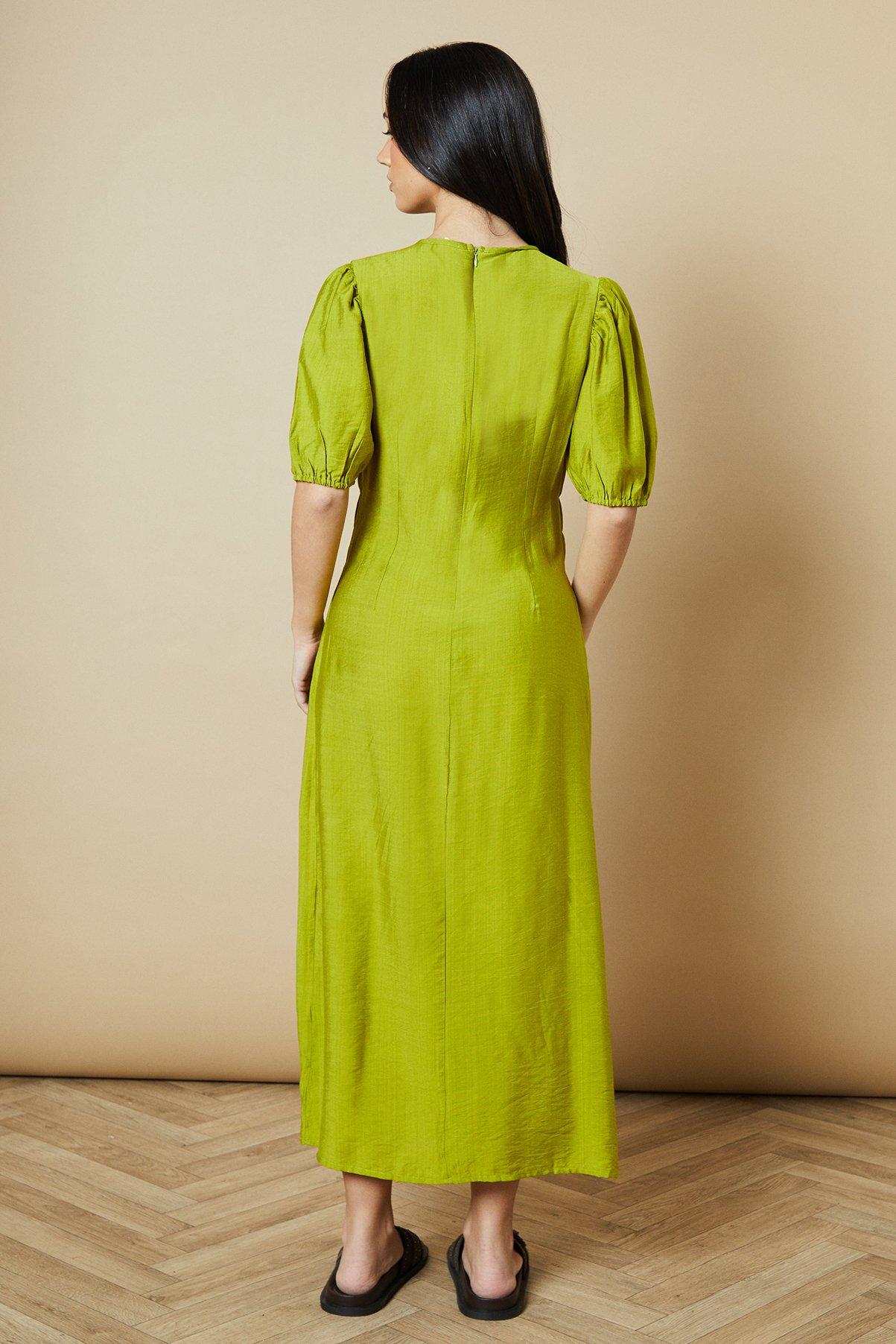 Oasis Shirred Bodice Puff Sleeve Midi Dress Olive image 3