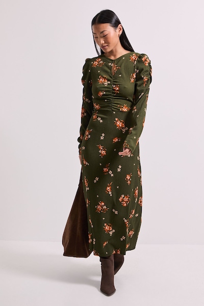 Dorothy Perkins Petite Khaki Floral Keyhole Midi Dress Floral