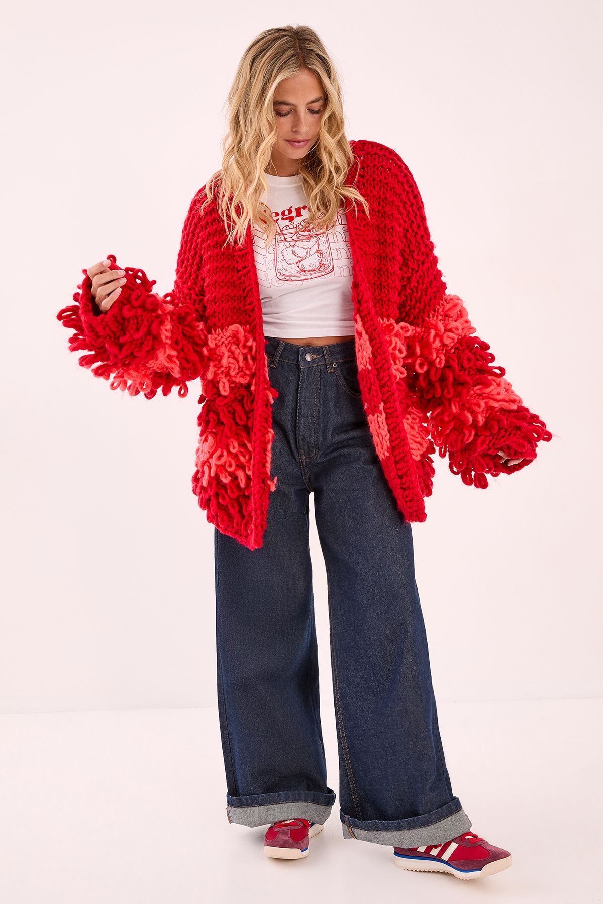 NastyGal Extreme Stripe Loopy Cardigan Red image 2