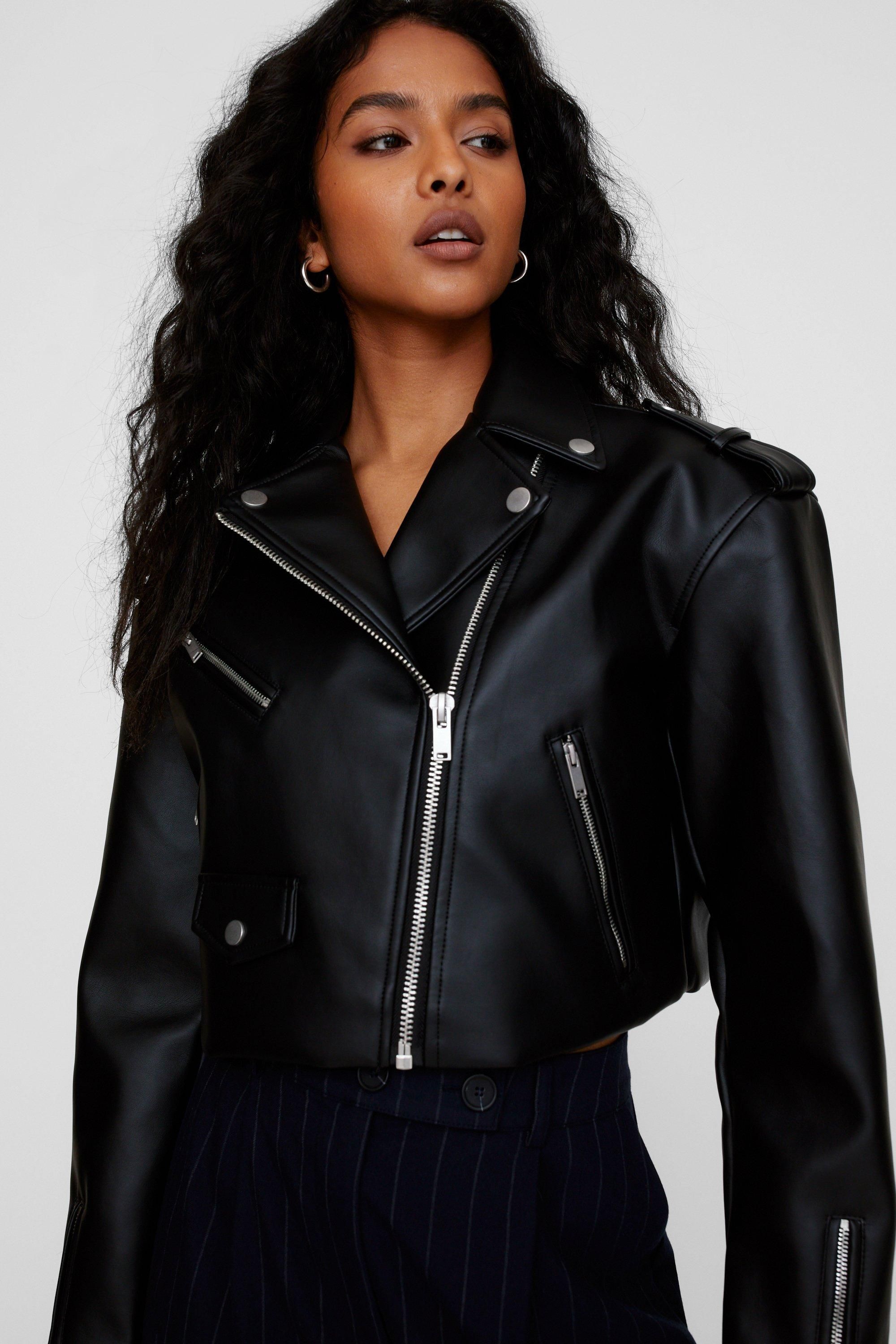 NastyGal Essentials Cropped Faux Leather Boxy Biker Black image 5
