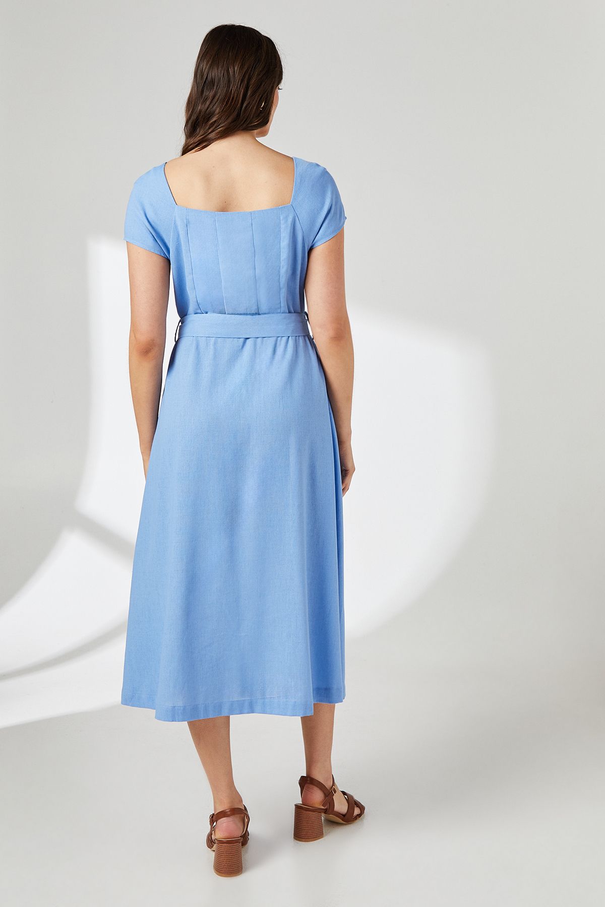 Principles Blue Square Neck Belted Linen Midi Dress Blue image 3