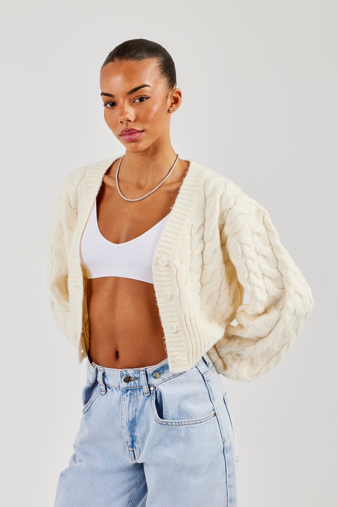 Cernucci Cable Knit V Neck Cardigan - Oatmeal image 1