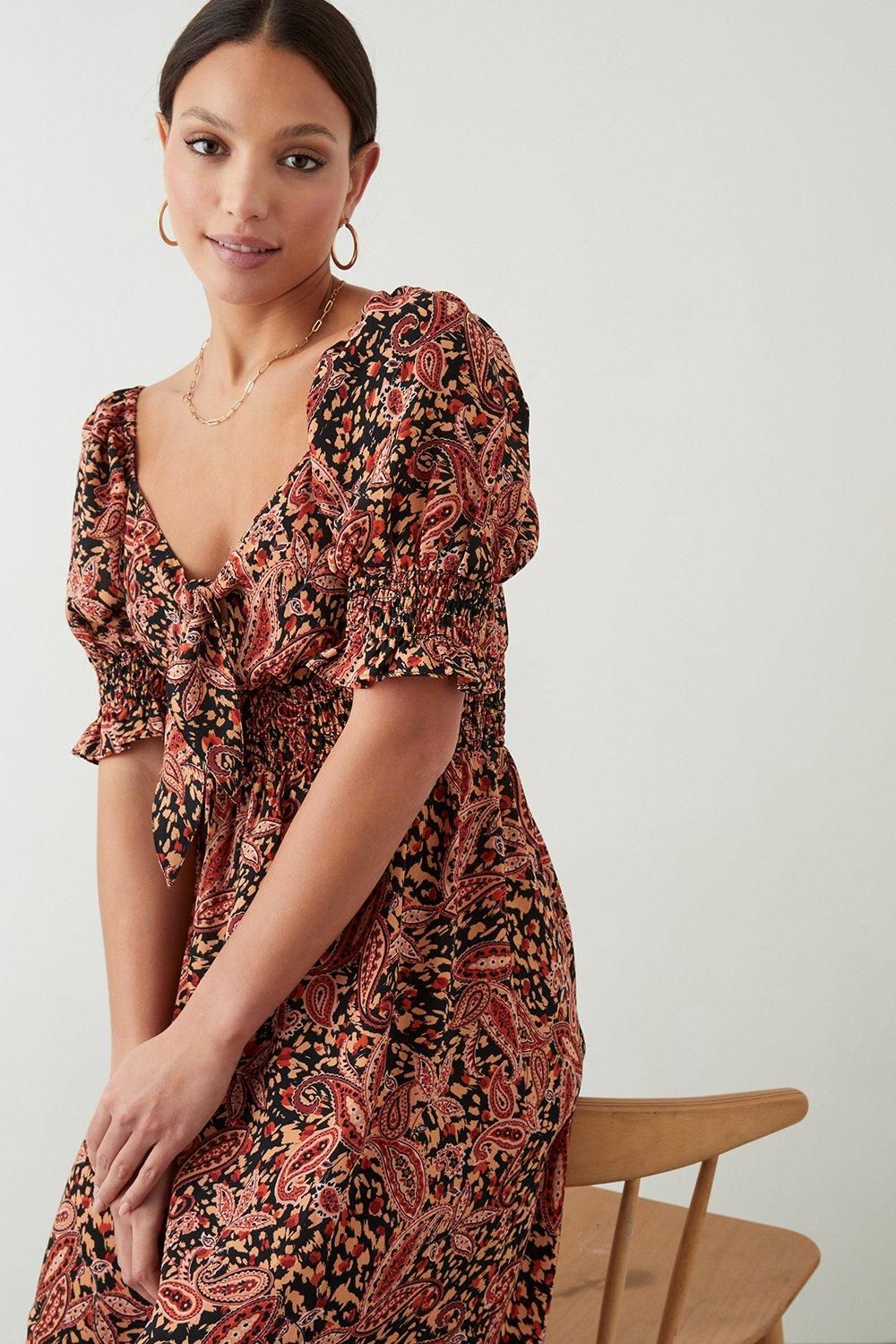 Dorothy Perkins Paisley Tie Front Shirred Midi Dress Multi image 2