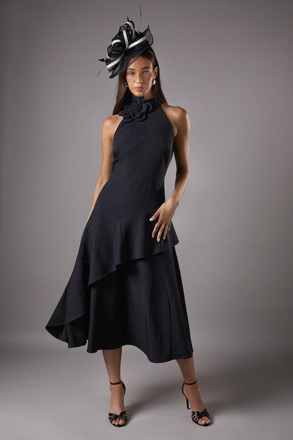 Coast High Neck Corsage Detail Midi Dress Black