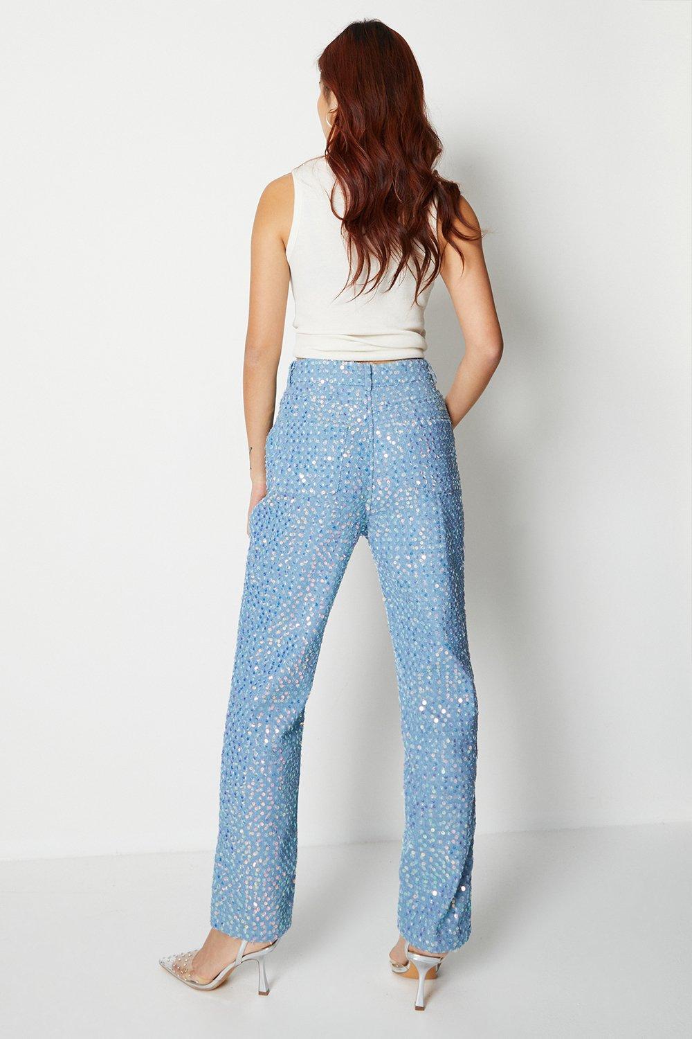 Warehouse Sequin Straight Leg Denim Jeans Mid Blue image 3