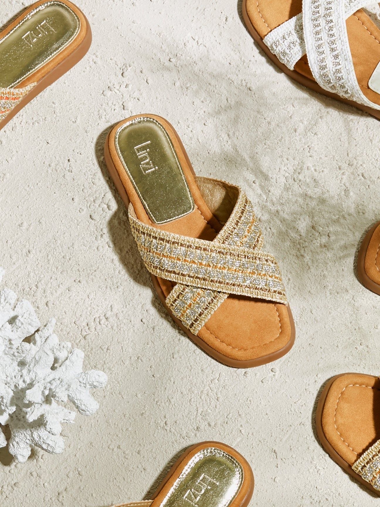 Linzi Genie Gold Embellished Raffia Flat Slider Sandal image 2