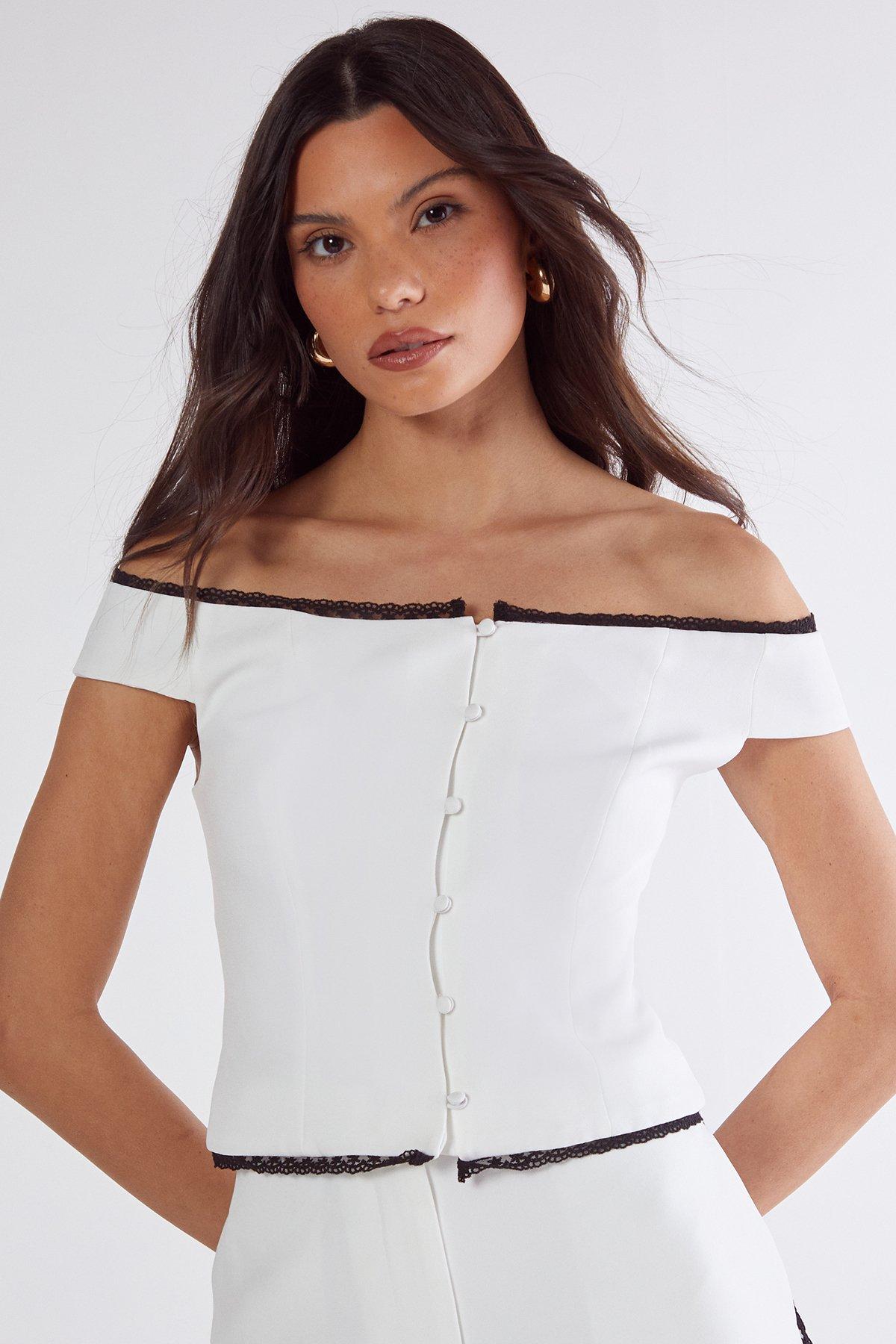 NastyGal Lace Trim Tailored Bardot Top Ivory image 2