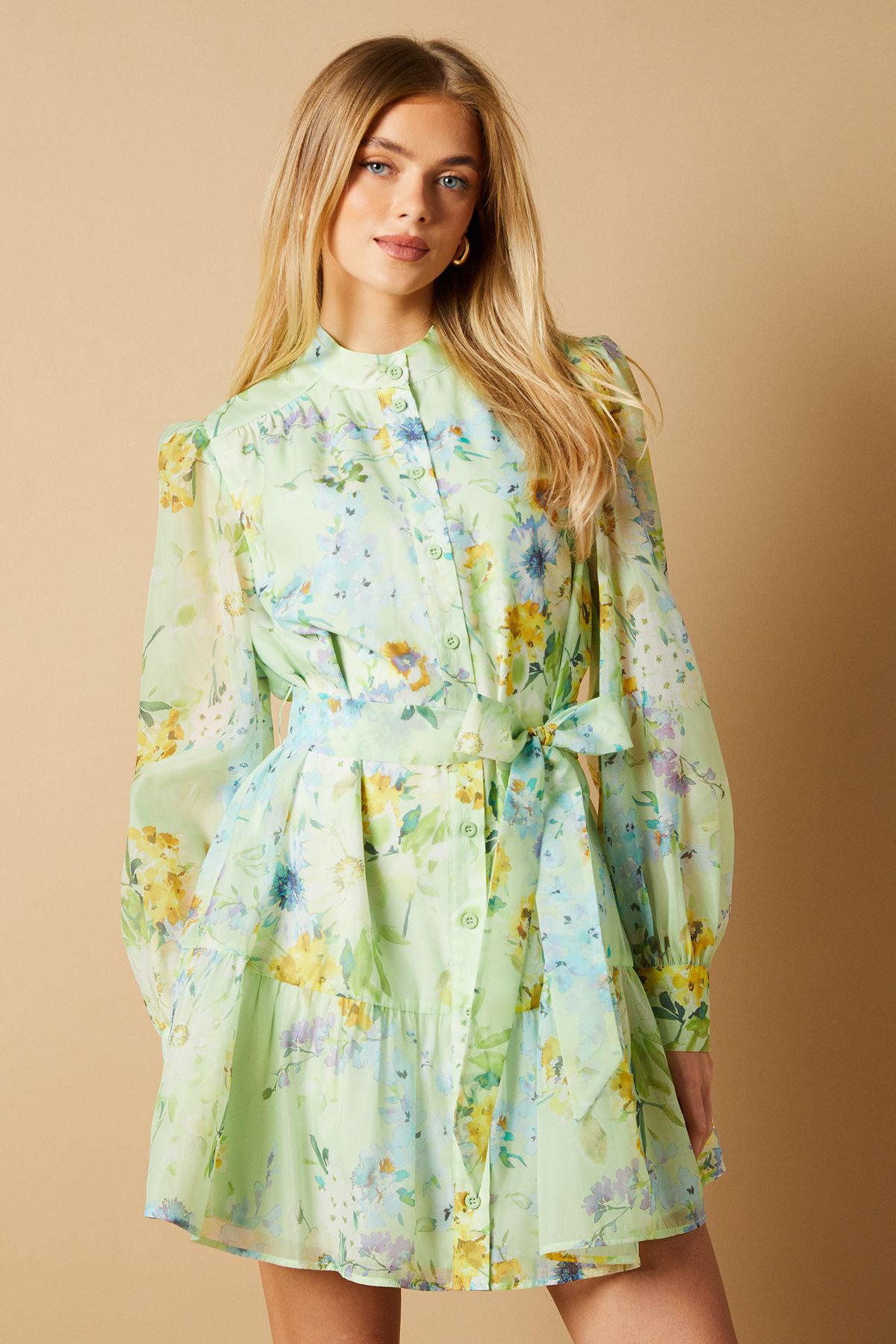 Oasis Sage Floral Organza Mini Shirt Dress Blue